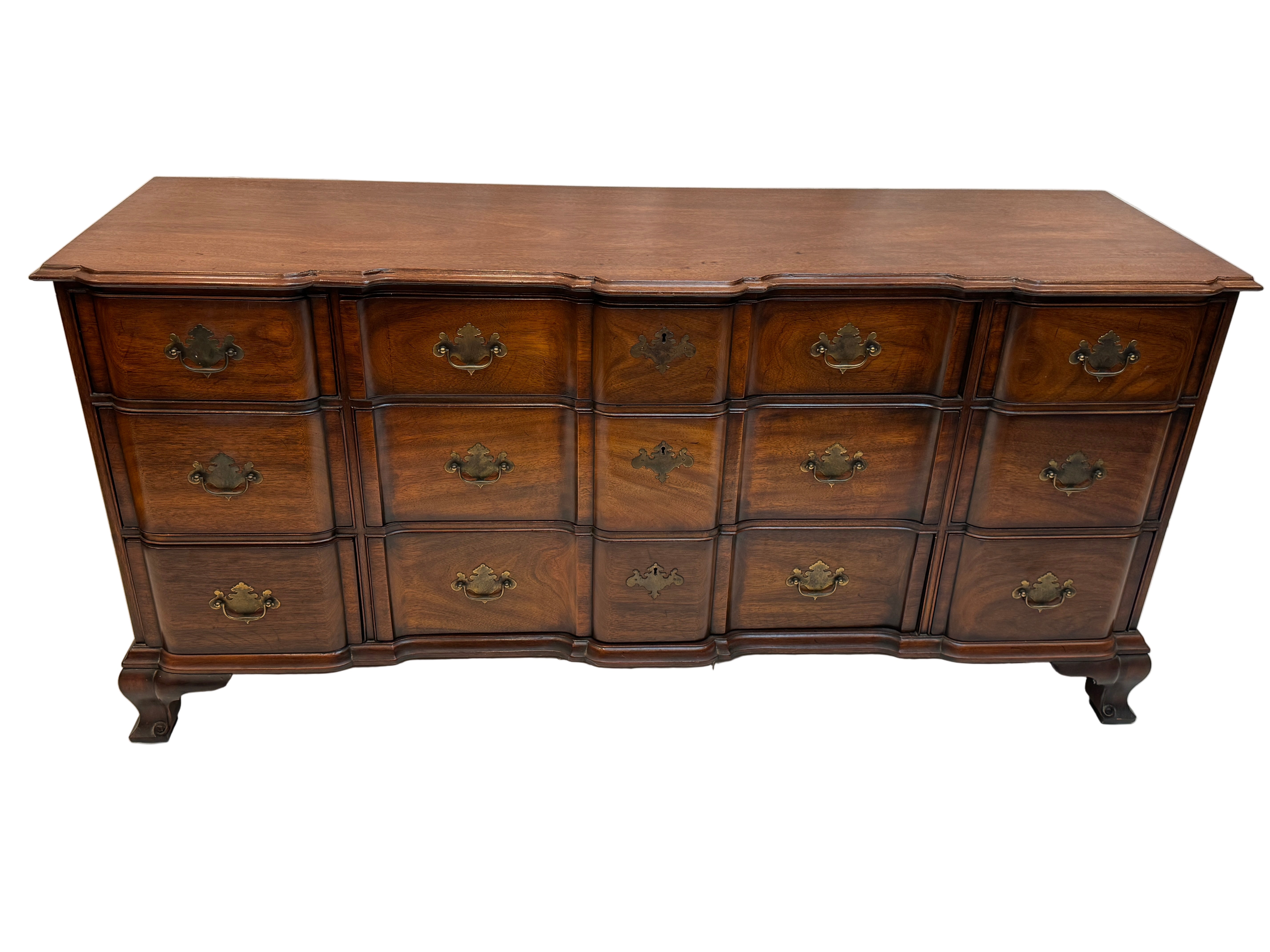Vintage Kindel Mid Century Solid Mahogany Chippendale Style Block Front Dresser  | Work of Man