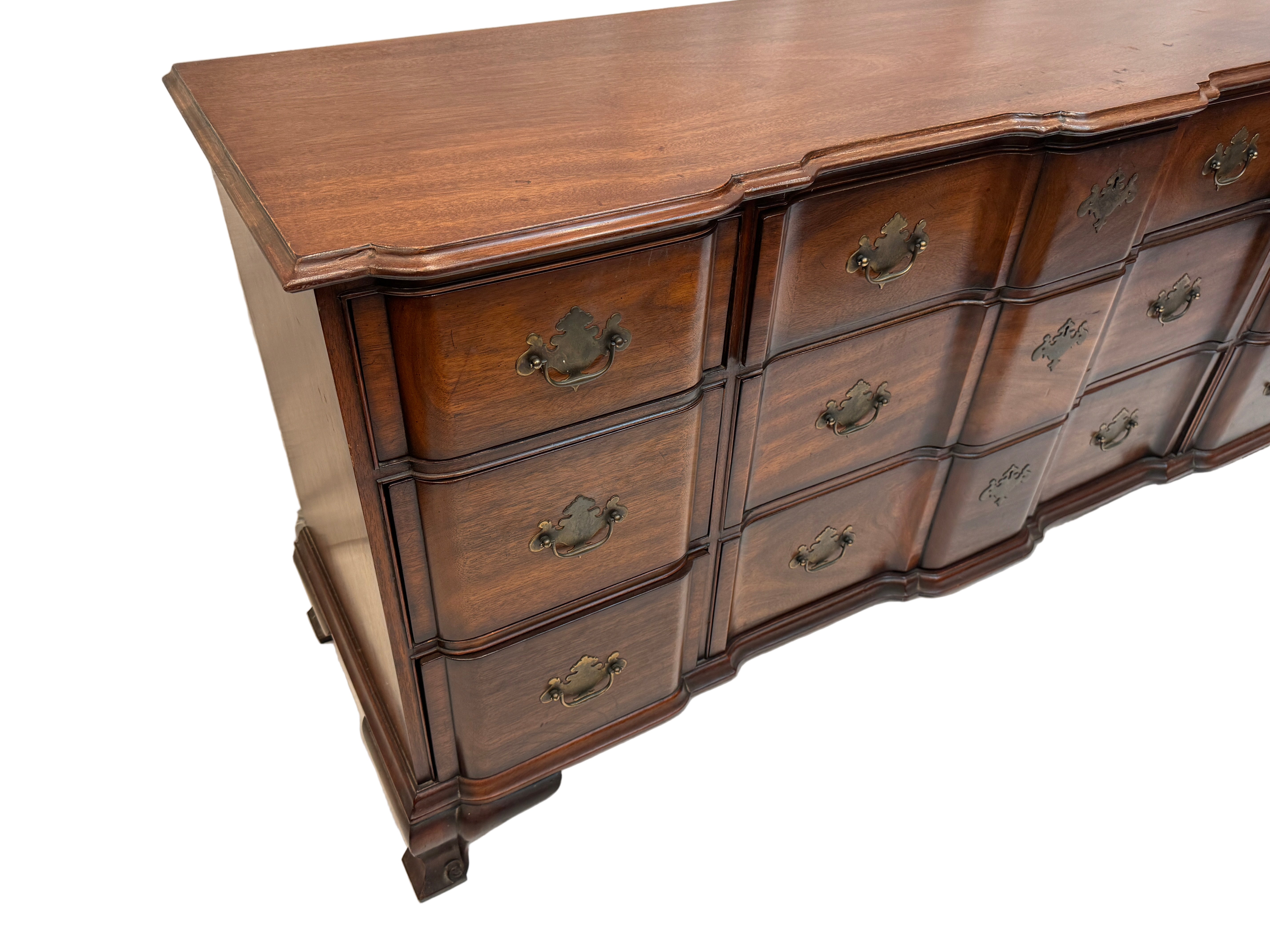 Vintage Kindel Mid Century Solid Mahogany Chippendale Style Block Front Dresser  | Work of Man