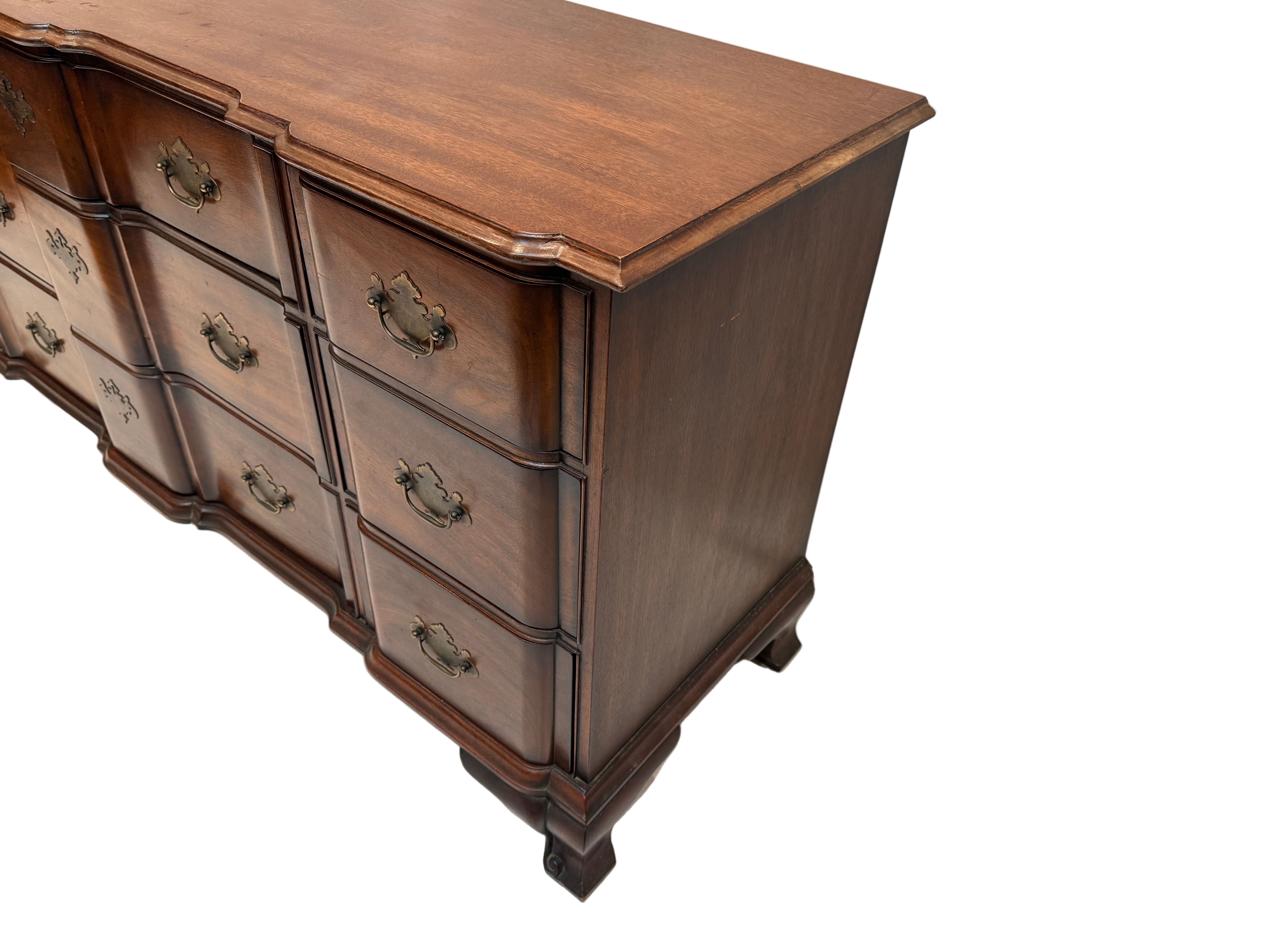 Vintage Kindel Mid Century Solid Mahogany Chippendale Style Block Front Dresser  | Work of Man