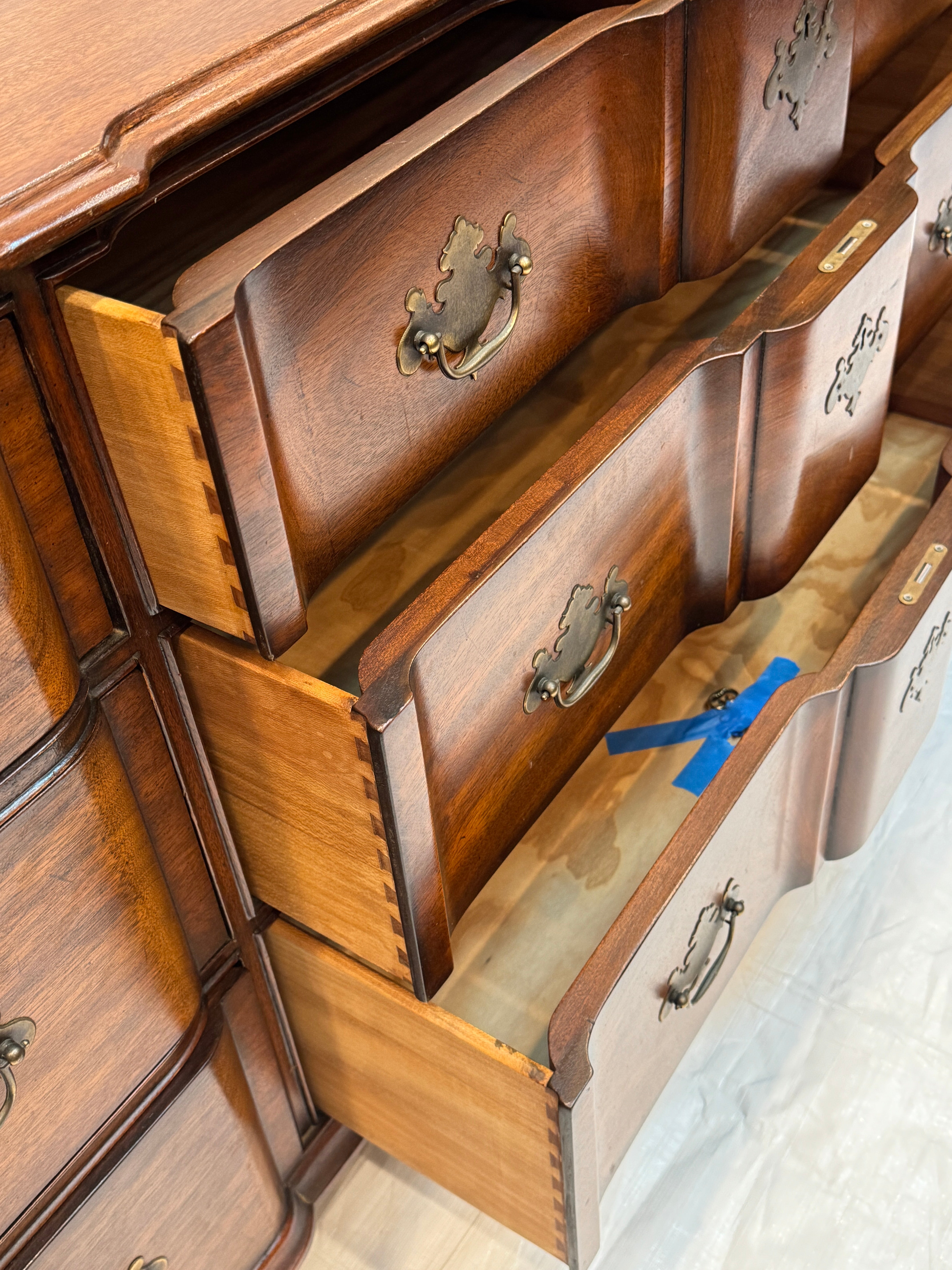 Vintage Kindel Mid Century Solid Mahogany Chippendale Style Block Front Dresser  | Work of Man