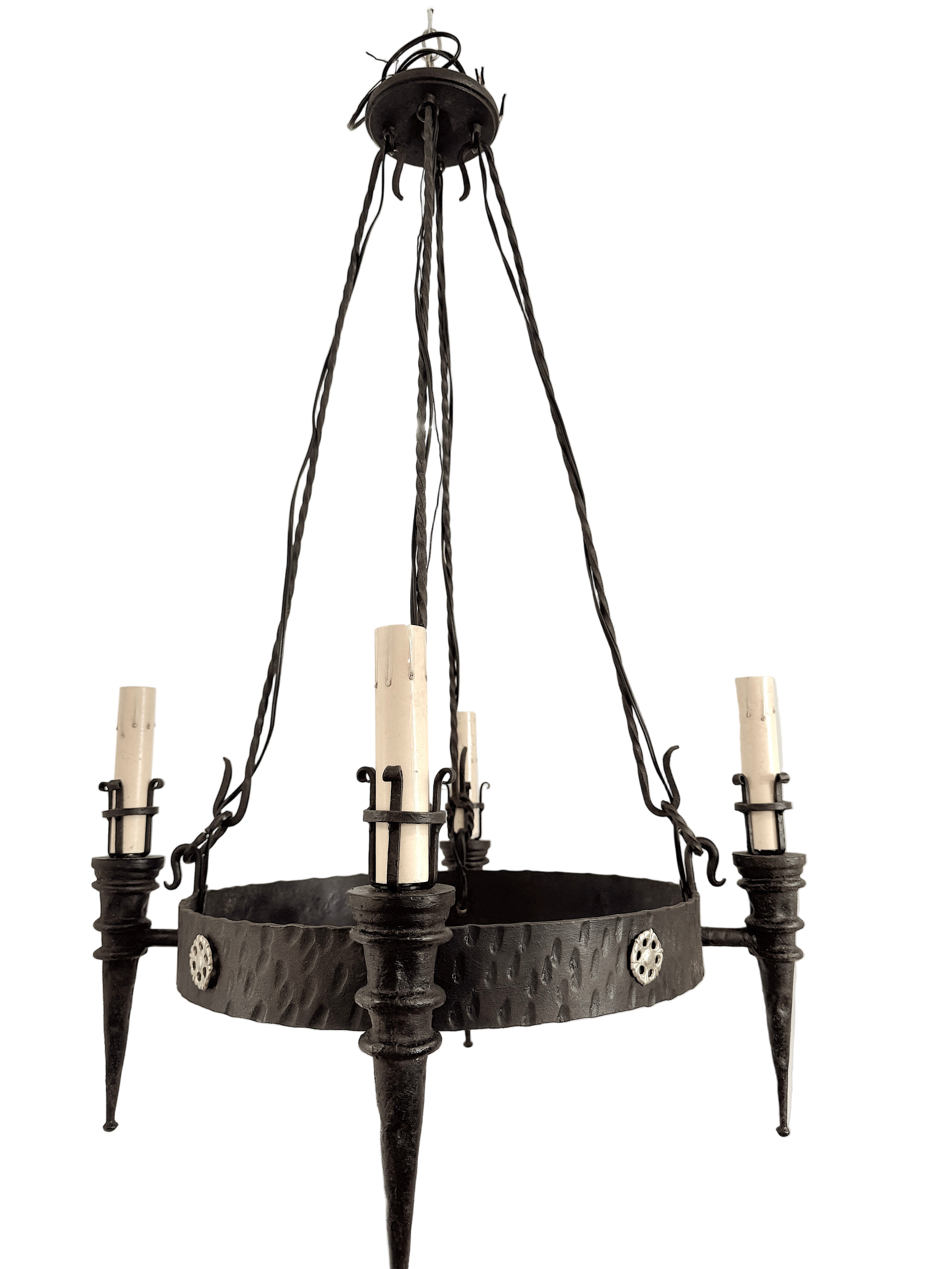 Spanish Colonial Revival Iron and Brass Four Light Chandelier By 20th Century Lighting | Work of Man