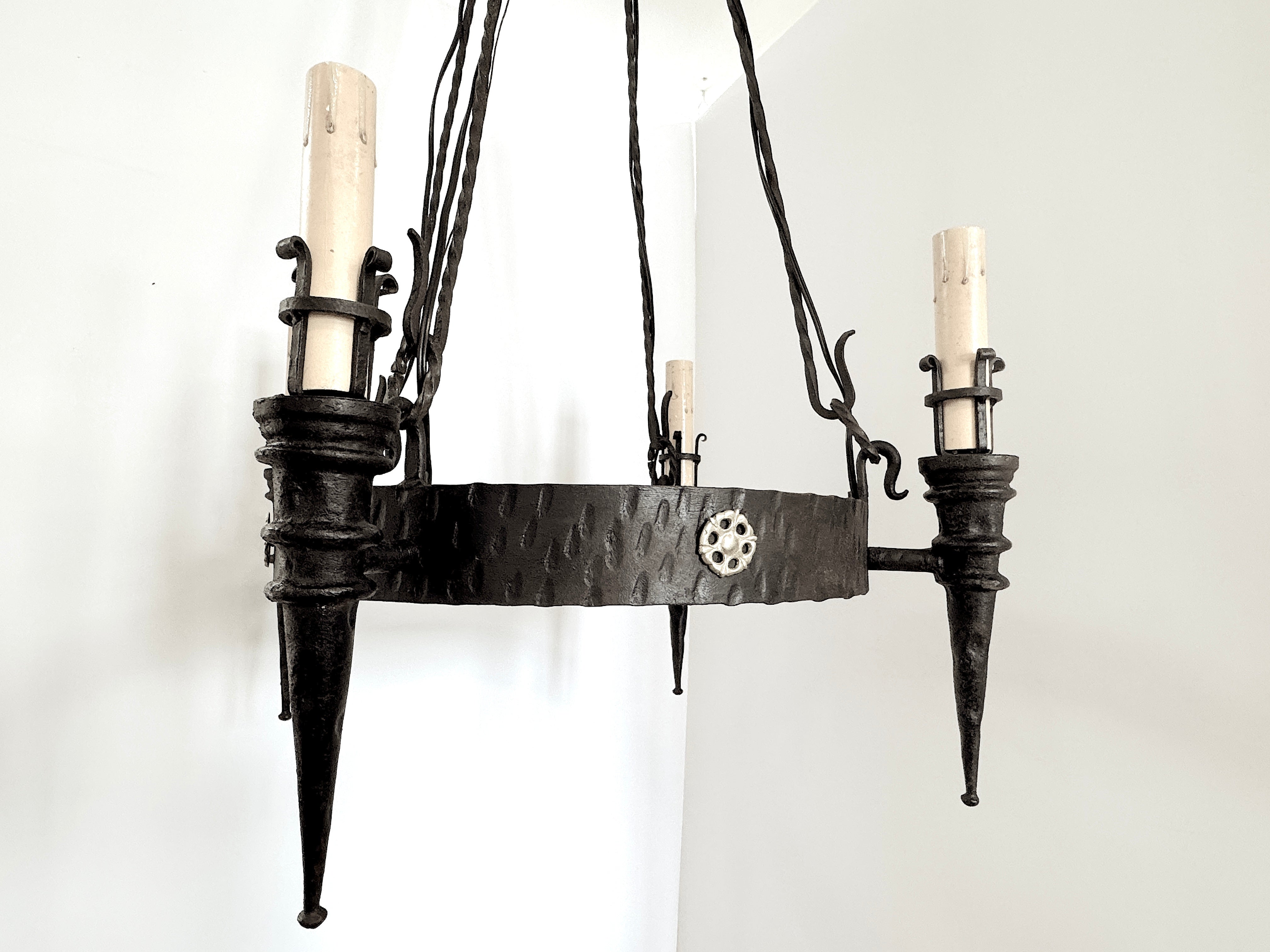 Spanish Colonial Revival Iron and Brass Four Light Chandelier By 20th Century Lighting | Work of Man