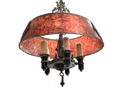 Antique 1920's Patinated Metal Five Light Chandelier With Mica Shade | Work of Man