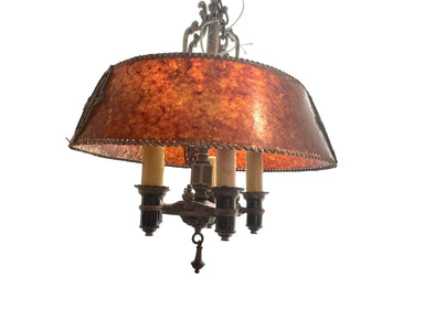 Antique 1920's Patinated Metal Five Light Chandelier With Mica Shade | Work of Man