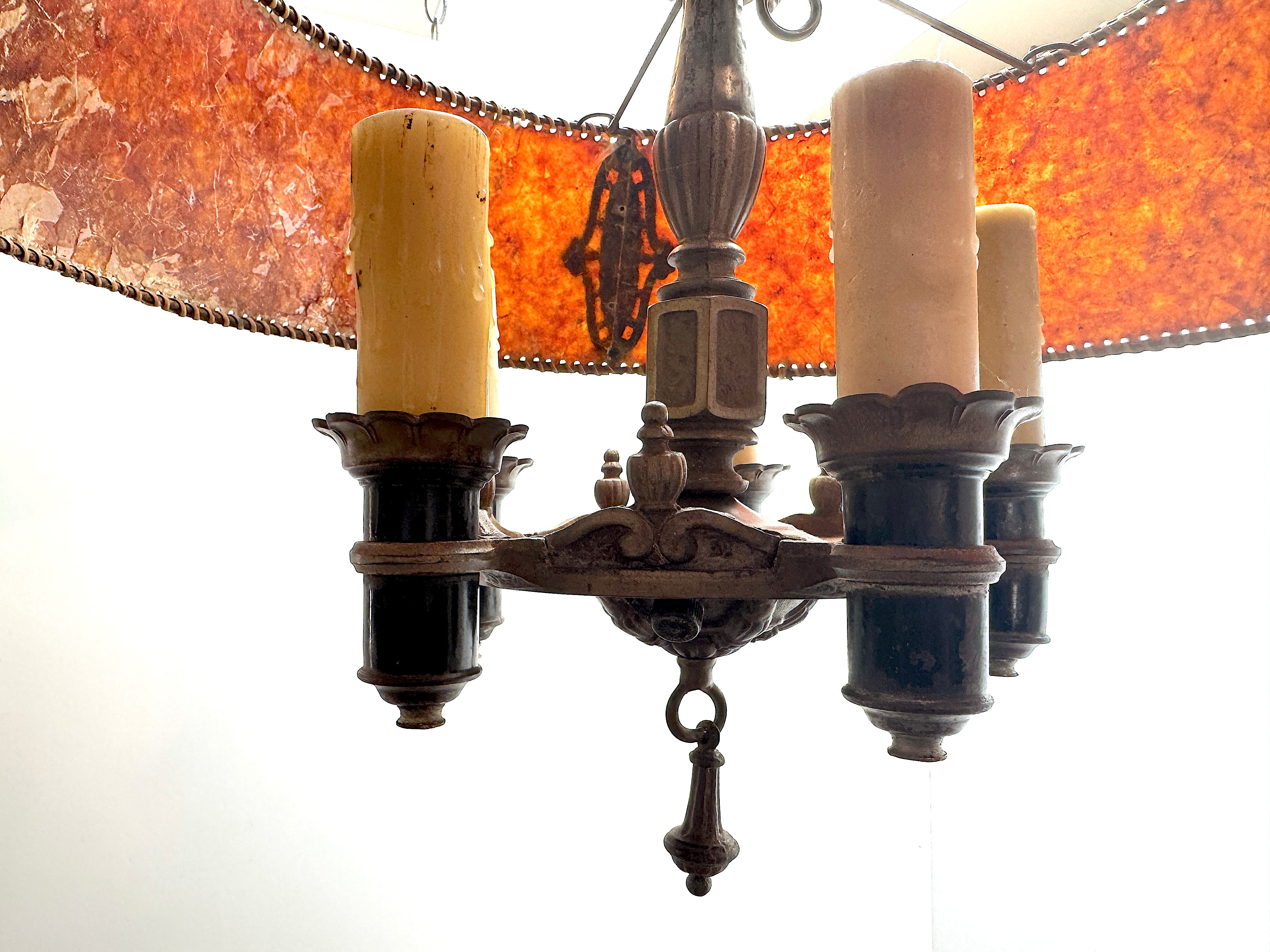 Antique 1920's Patinated Metal Five Light Chandelier With Mica Shade | Work of Man
