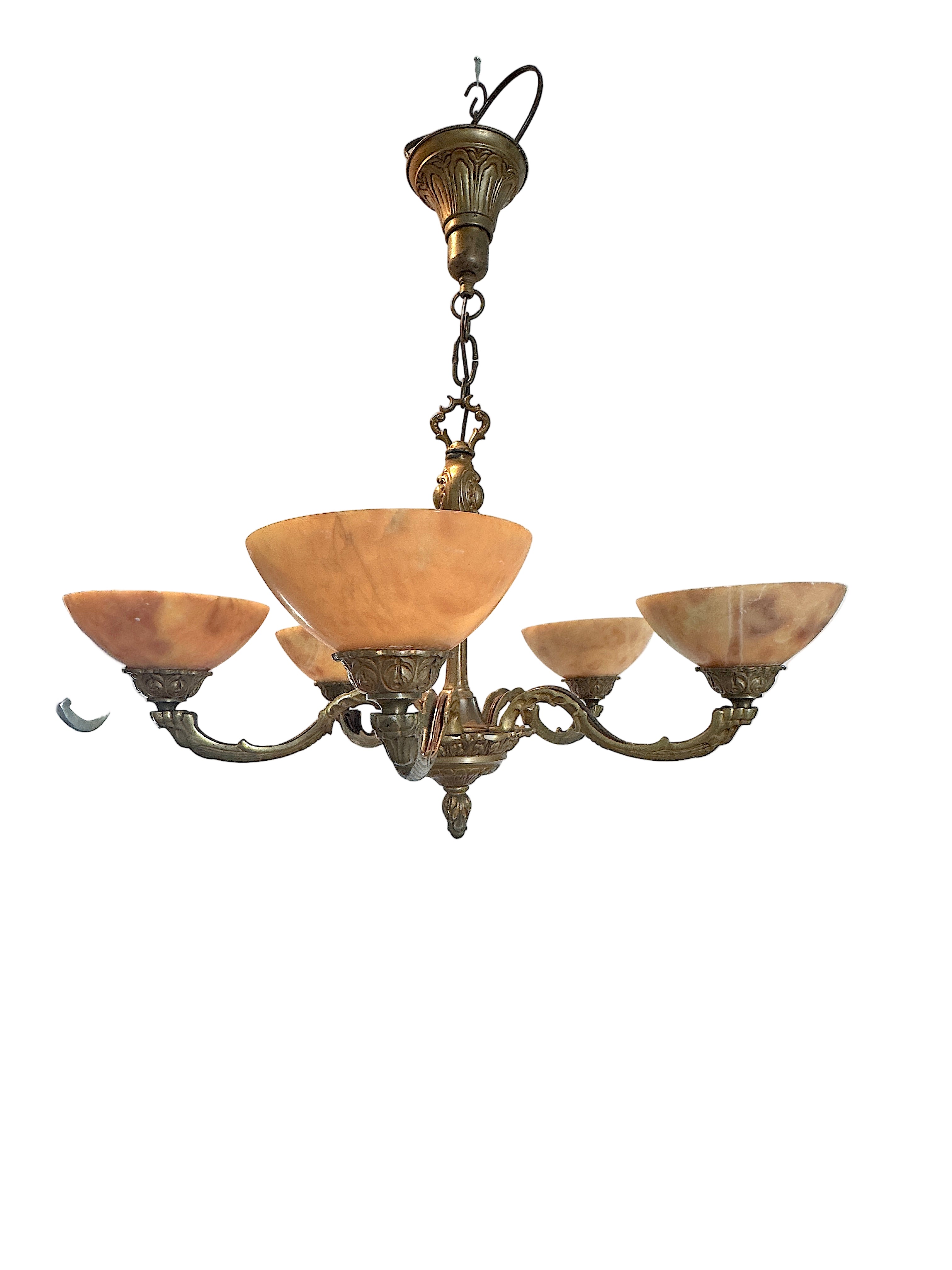 Antique European Five Light Fire Gilt Brass Chandelier with Alabaster Shades Circa 1900 | Work of Man