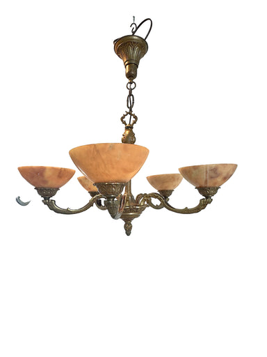 Antique European Five Light Fire Gilt Brass Chandelier with Alabaster Shades Circa 1900 | Work of Man