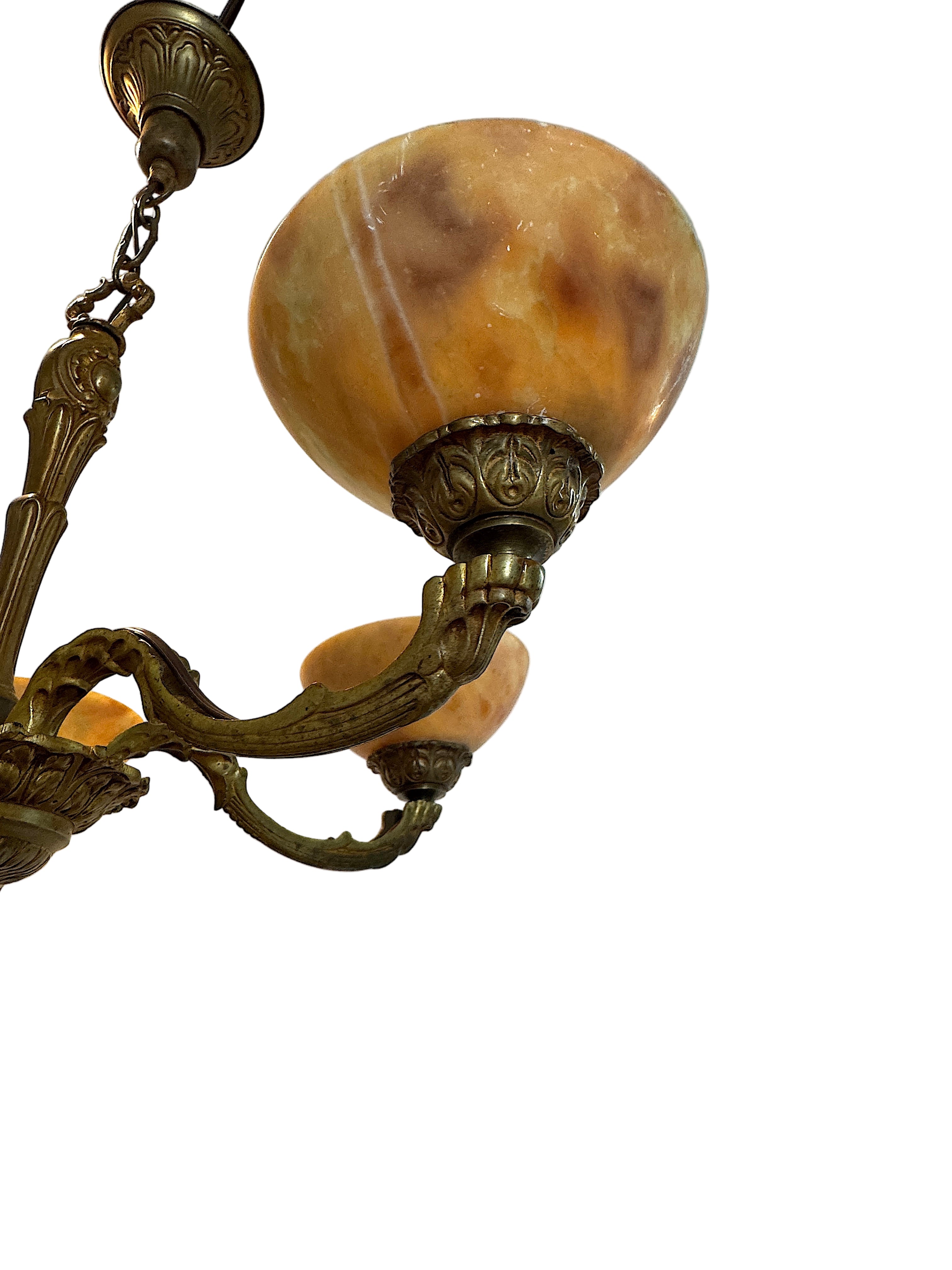 Antique European Five Light Fire Gilt Brass Chandelier with Alabaster Shades Circa 1900 | Work of Man