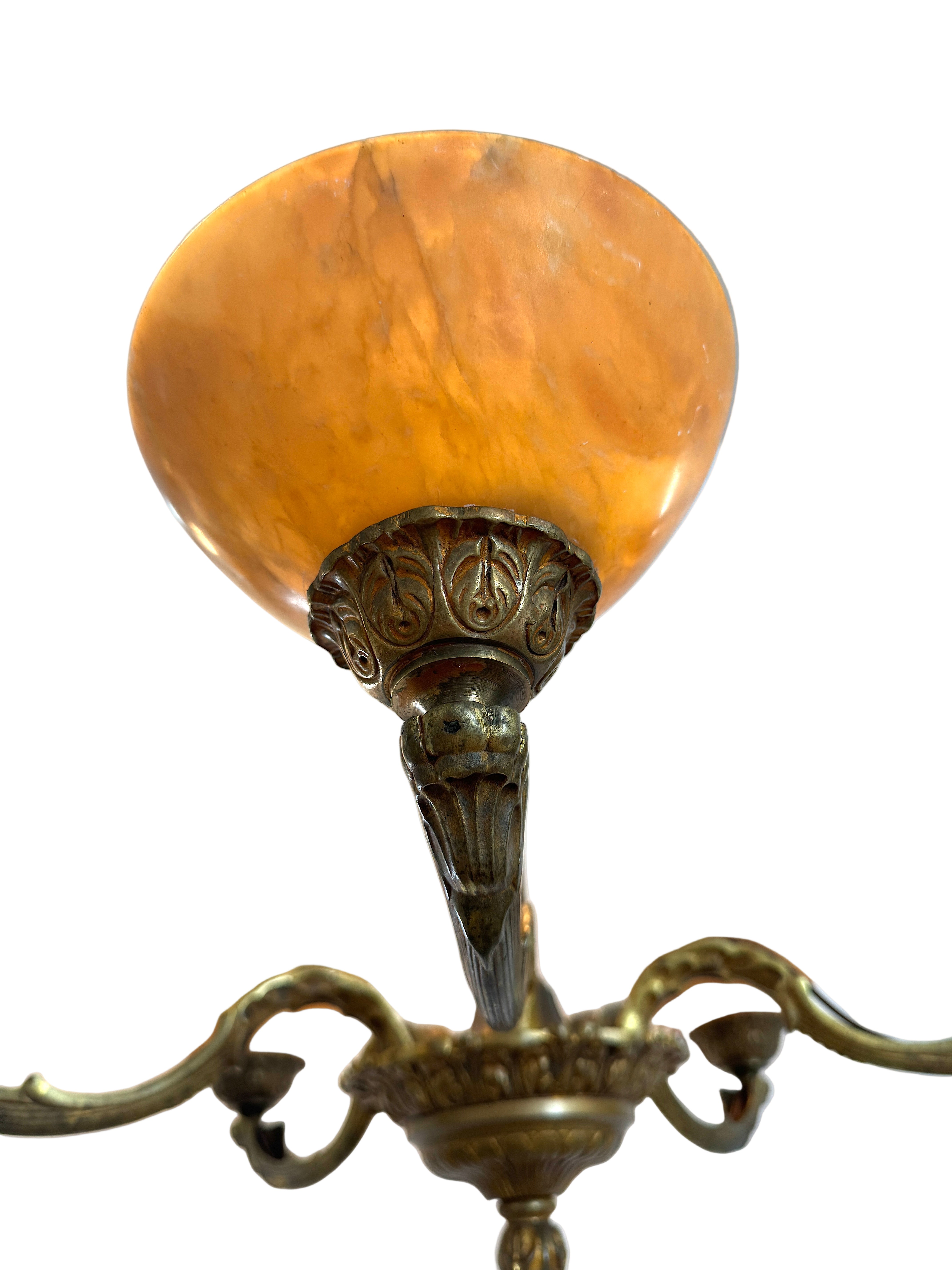 Antique European Five Light Fire Gilt Brass Chandelier with Alabaster Shades Circa 1900 | Work of Man