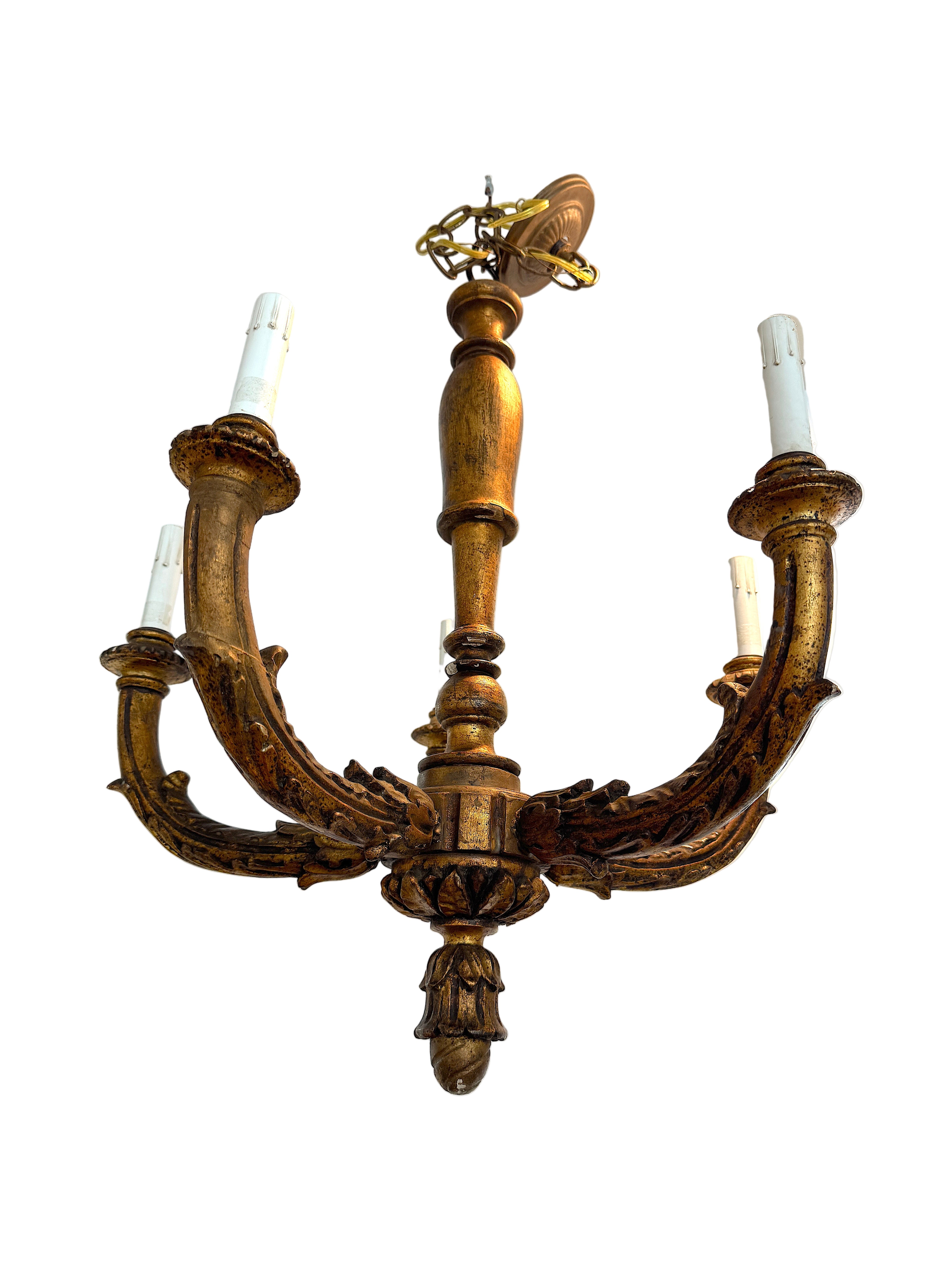 Antique Neoclassical Gilt Carved Wood Louis XVI Style Six Light Chandelier Early 20th Century | Work of Man