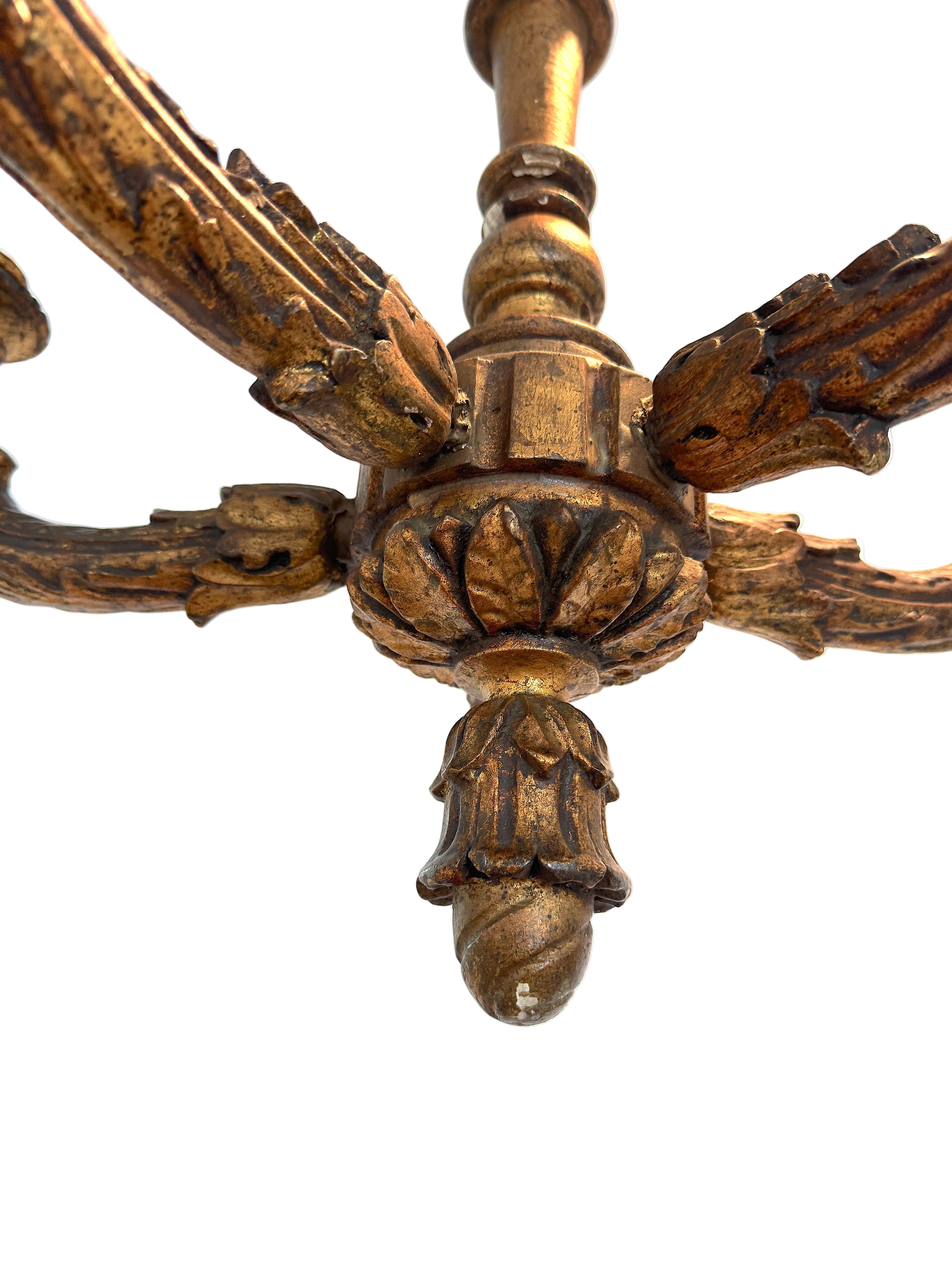 Antique Neoclassical Gilt Carved Wood Louis XVI Style Six Light Chandelier Early 20th Century | Work of Man