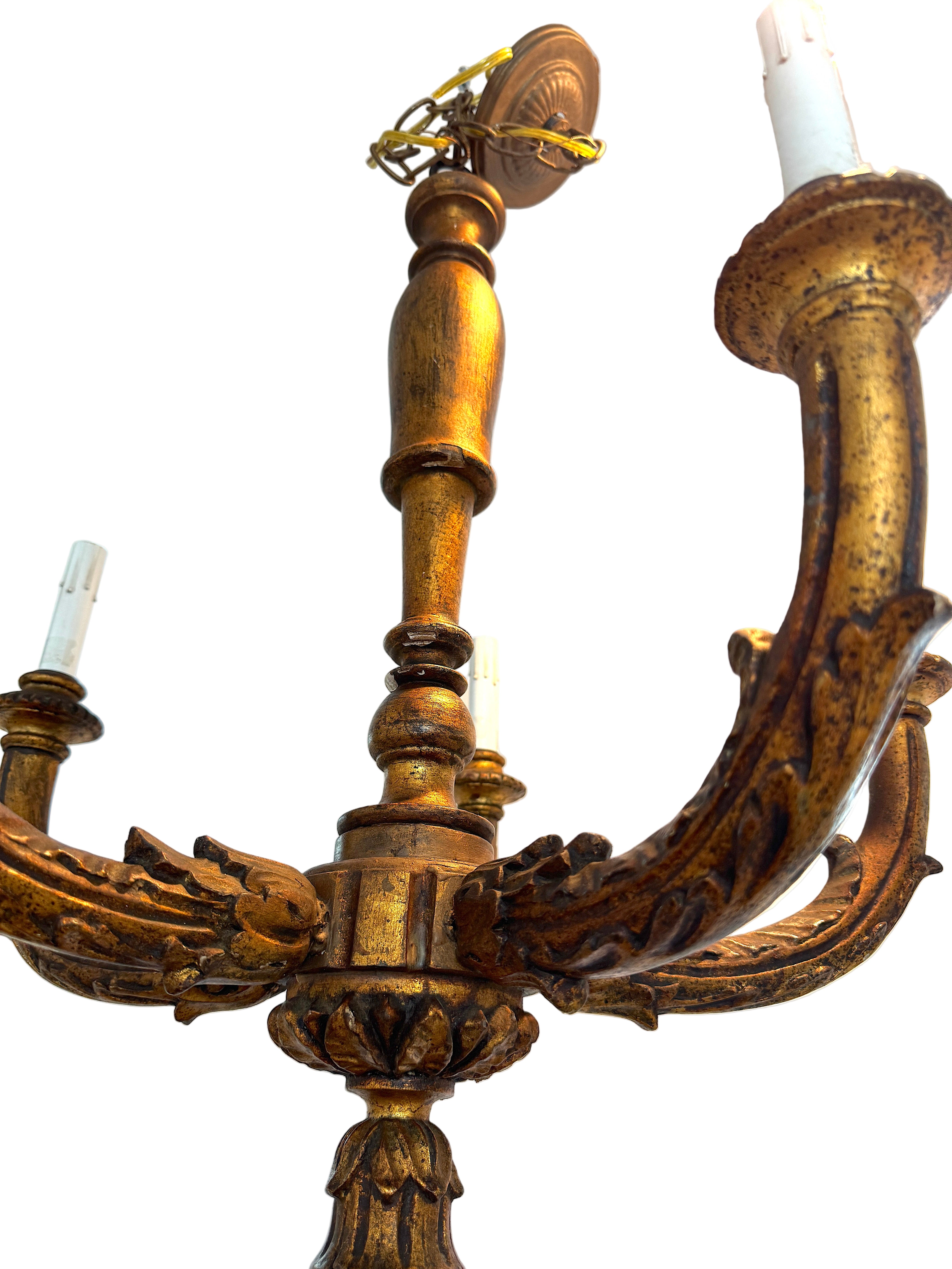 Antique Neoclassical Gilt Carved Wood Louis XVI Style Six Light Chandelier Early 20th Century | Work of Man