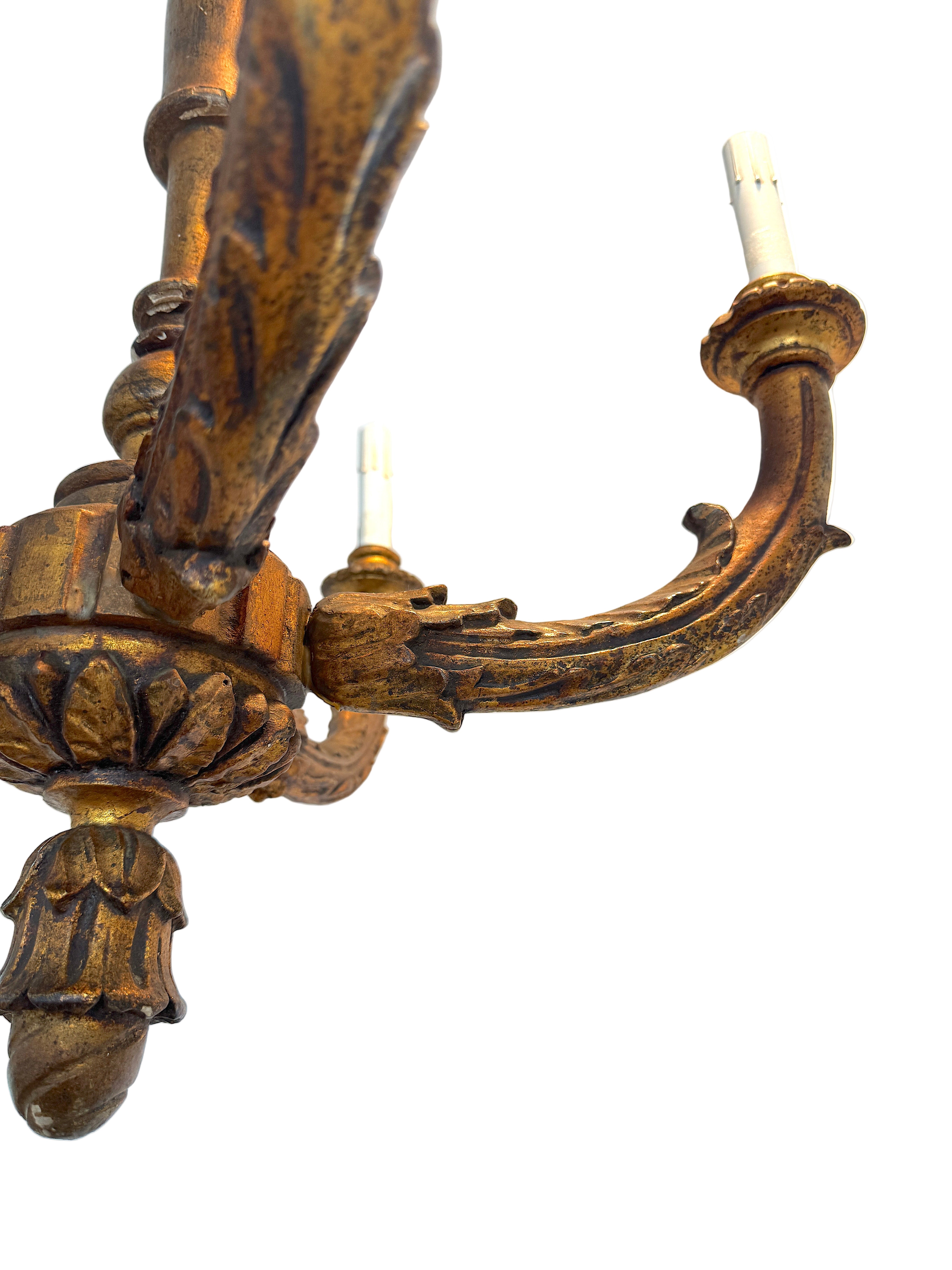Antique Neoclassical Gilt Carved Wood Louis XVI Style Six Light Chandelier Early 20th Century | Work of Man