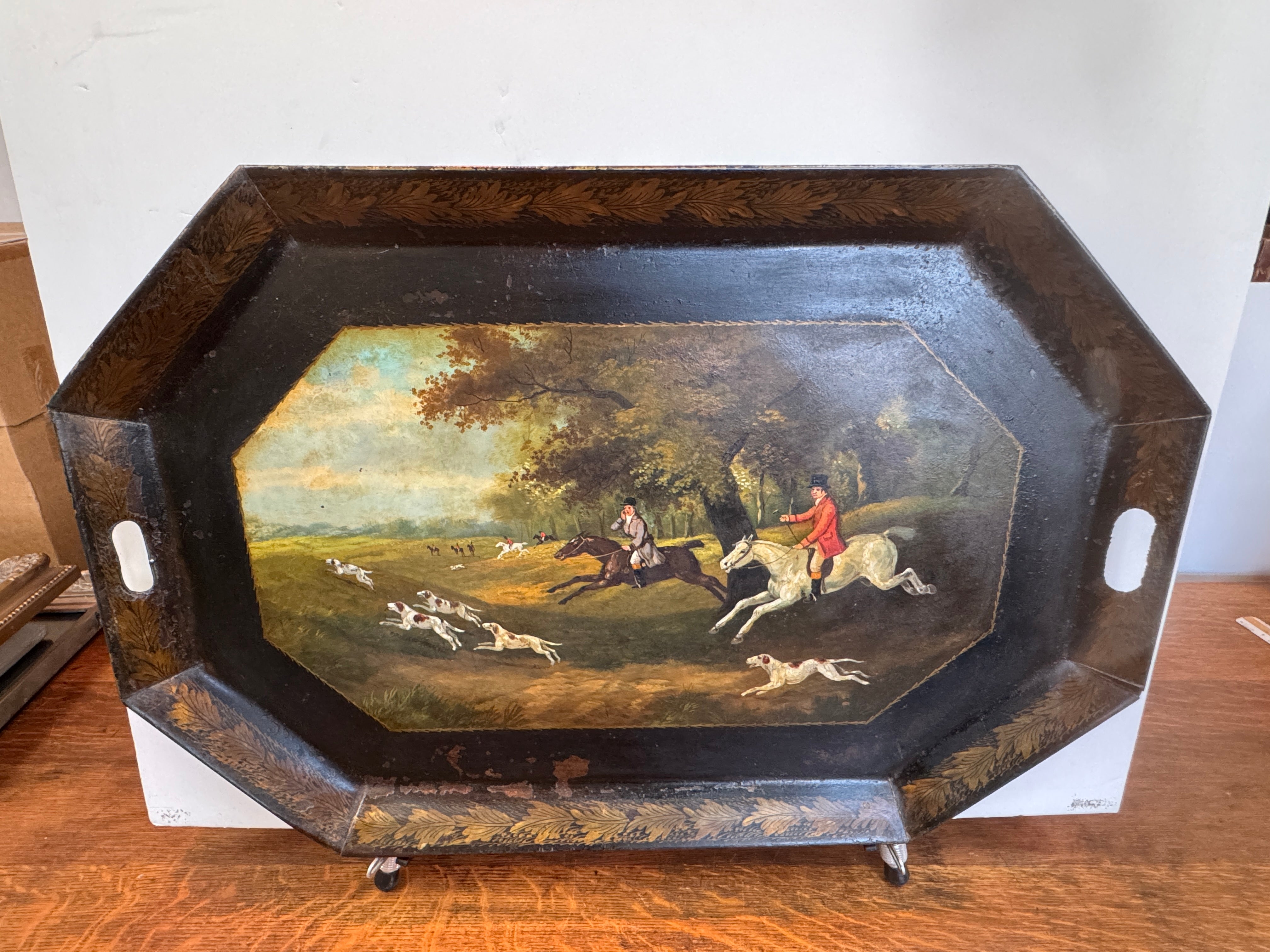 AF1-183: Antique English Tole Tray Table With Hand Painted Fox Hunt Scene Early 19th Century