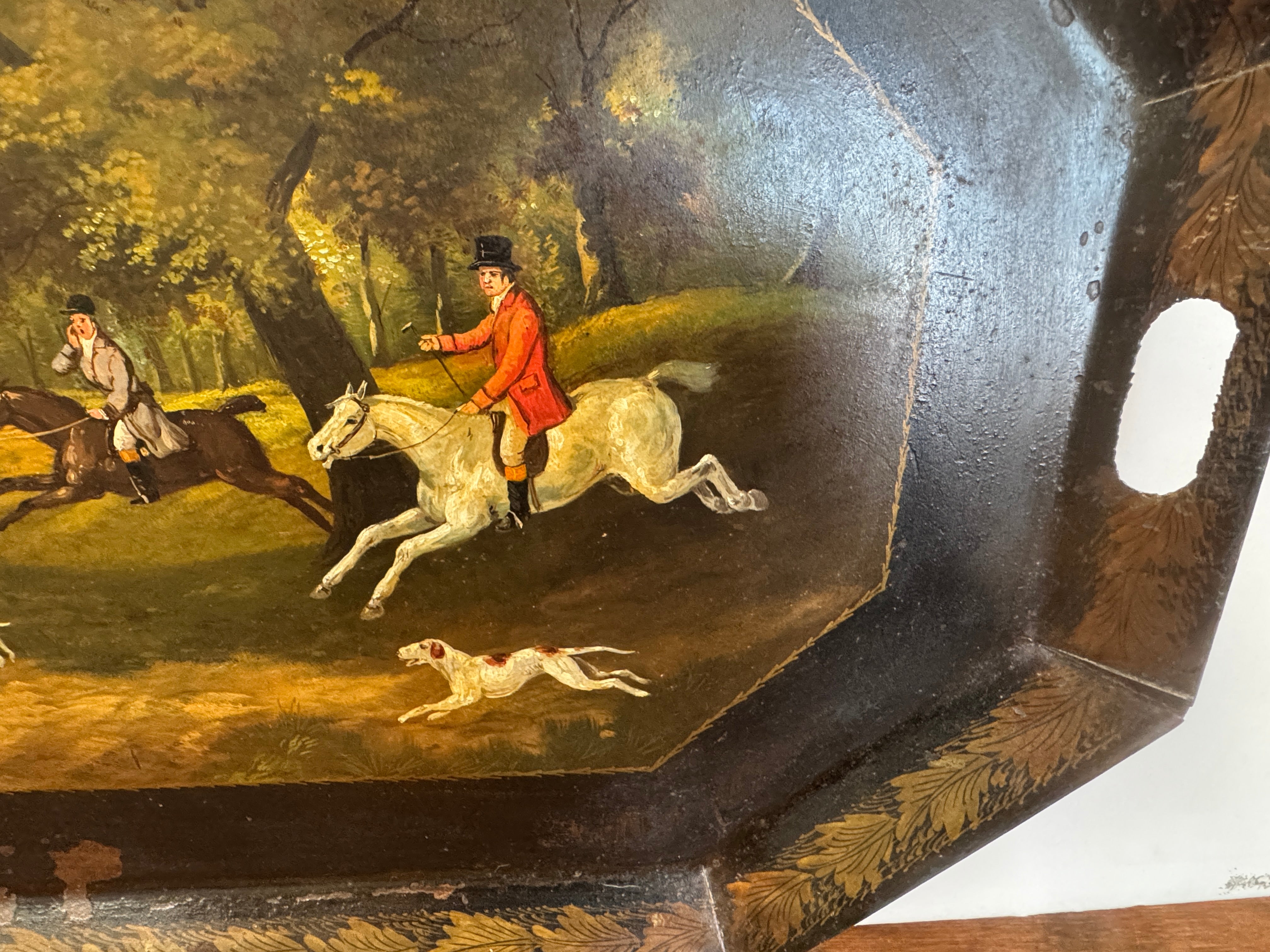 AF1-183: Antique English Tole Tray Table With Hand Painted Fox Hunt Scene Early 19th Century
