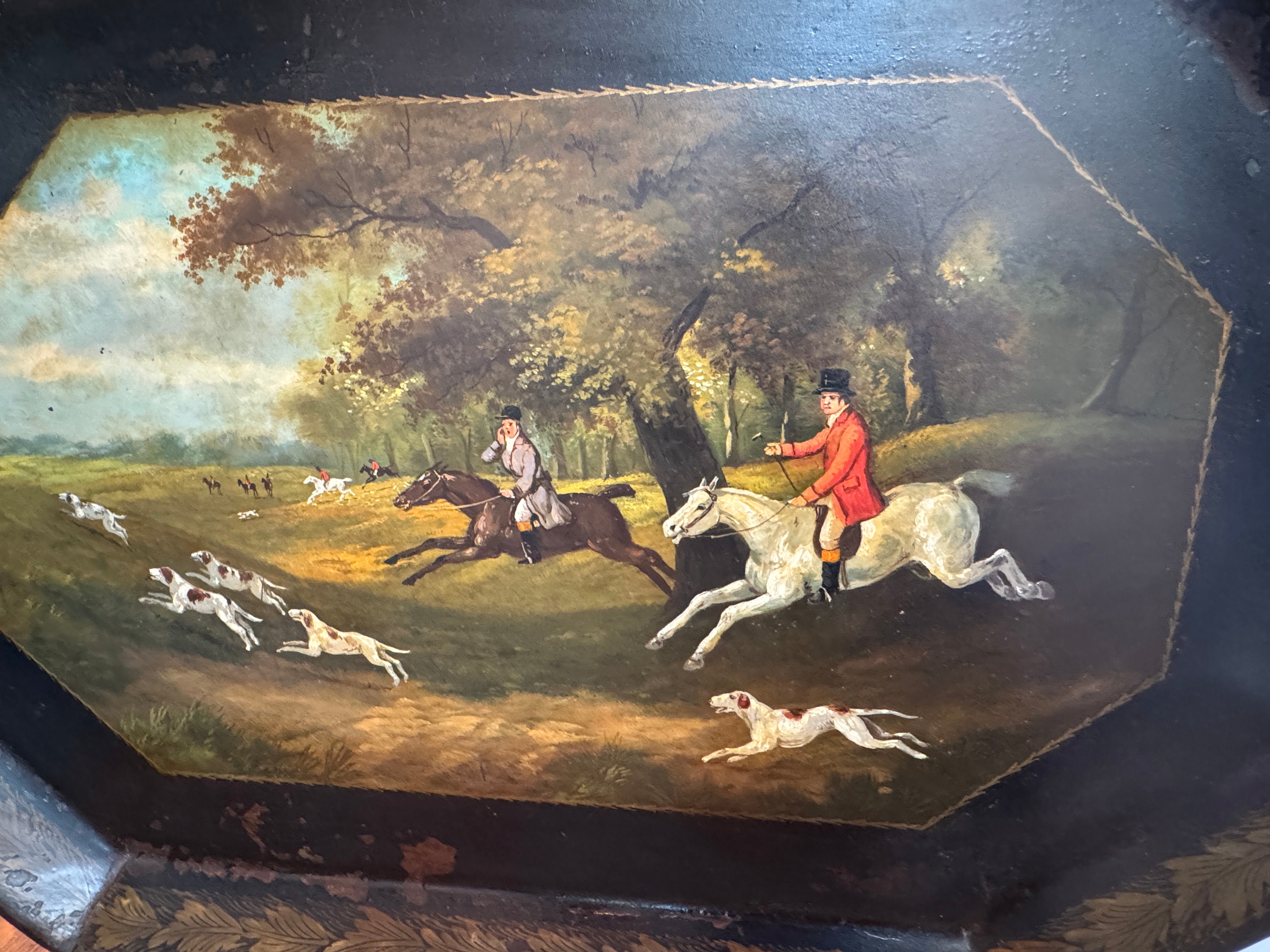 AF1-183: Antique English Tole Tray Table With Hand Painted Fox Hunt Scene Early 19th Century