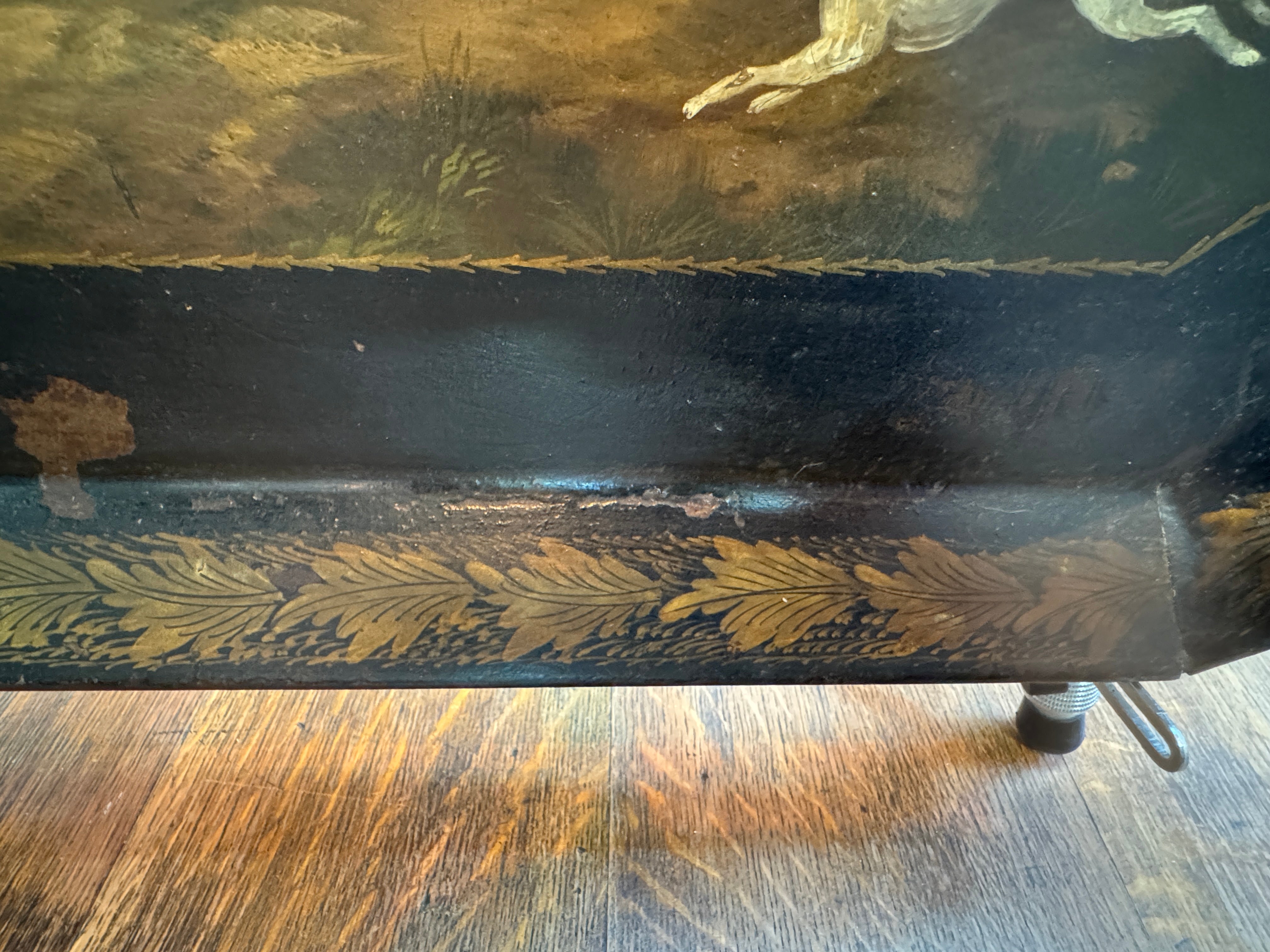 AF1-183: Antique English Tole Tray Table With Hand Painted Fox Hunt Scene Early 19th Century