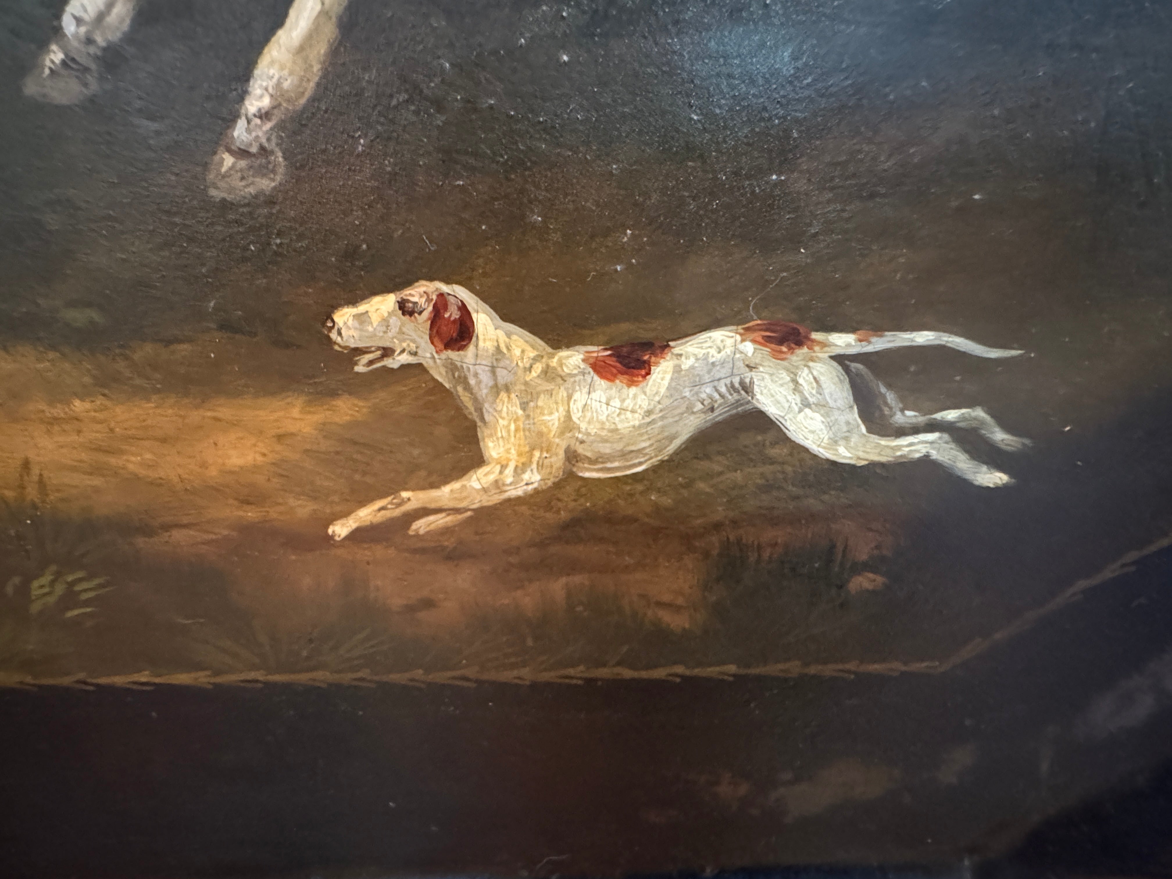 AF1-183: Antique English Tole Tray Table With Hand Painted Fox Hunt Scene Early 19th Century