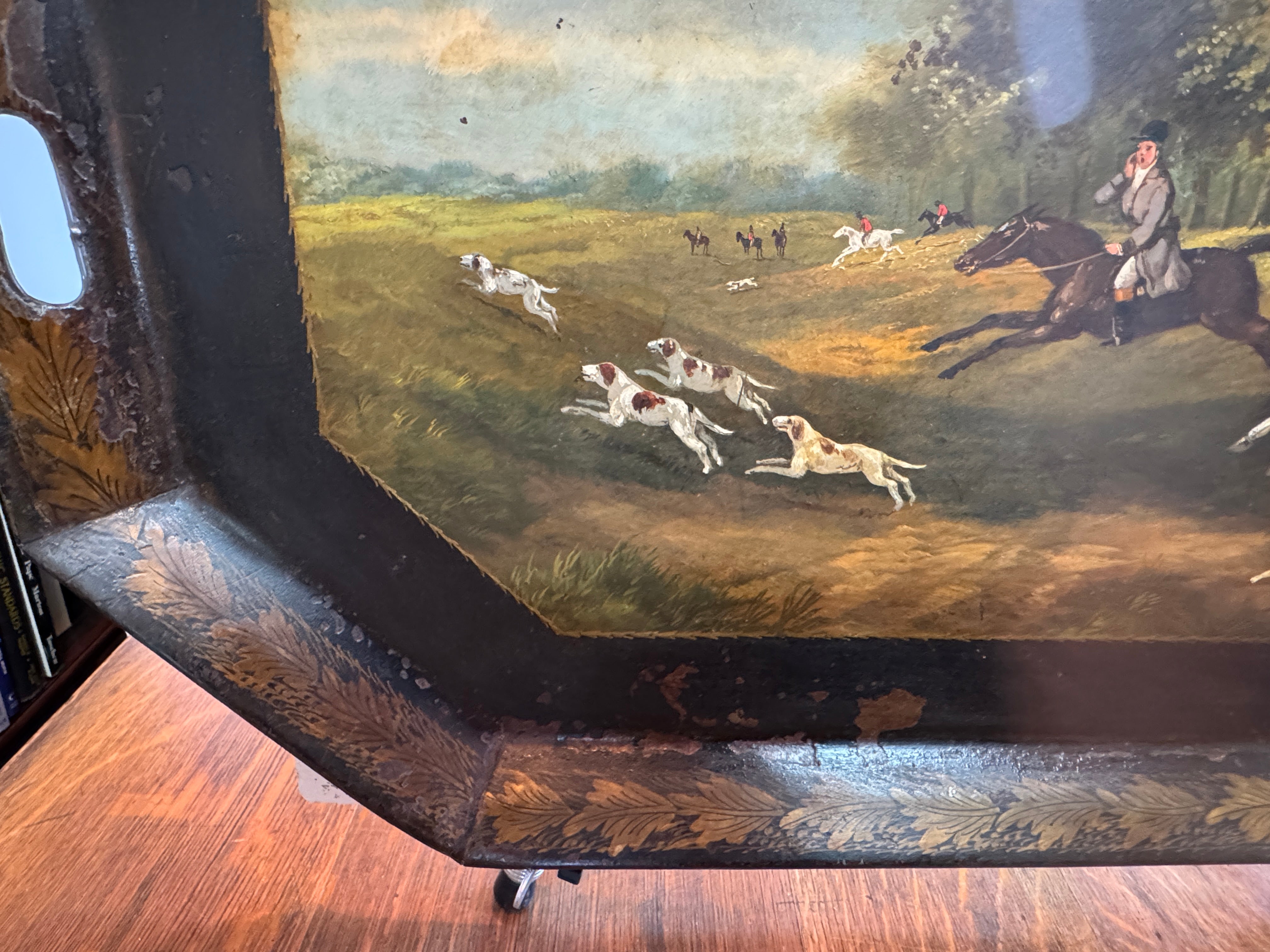 AF1-183: Antique English Tole Tray Table With Hand Painted Fox Hunt Scene Early 19th Century