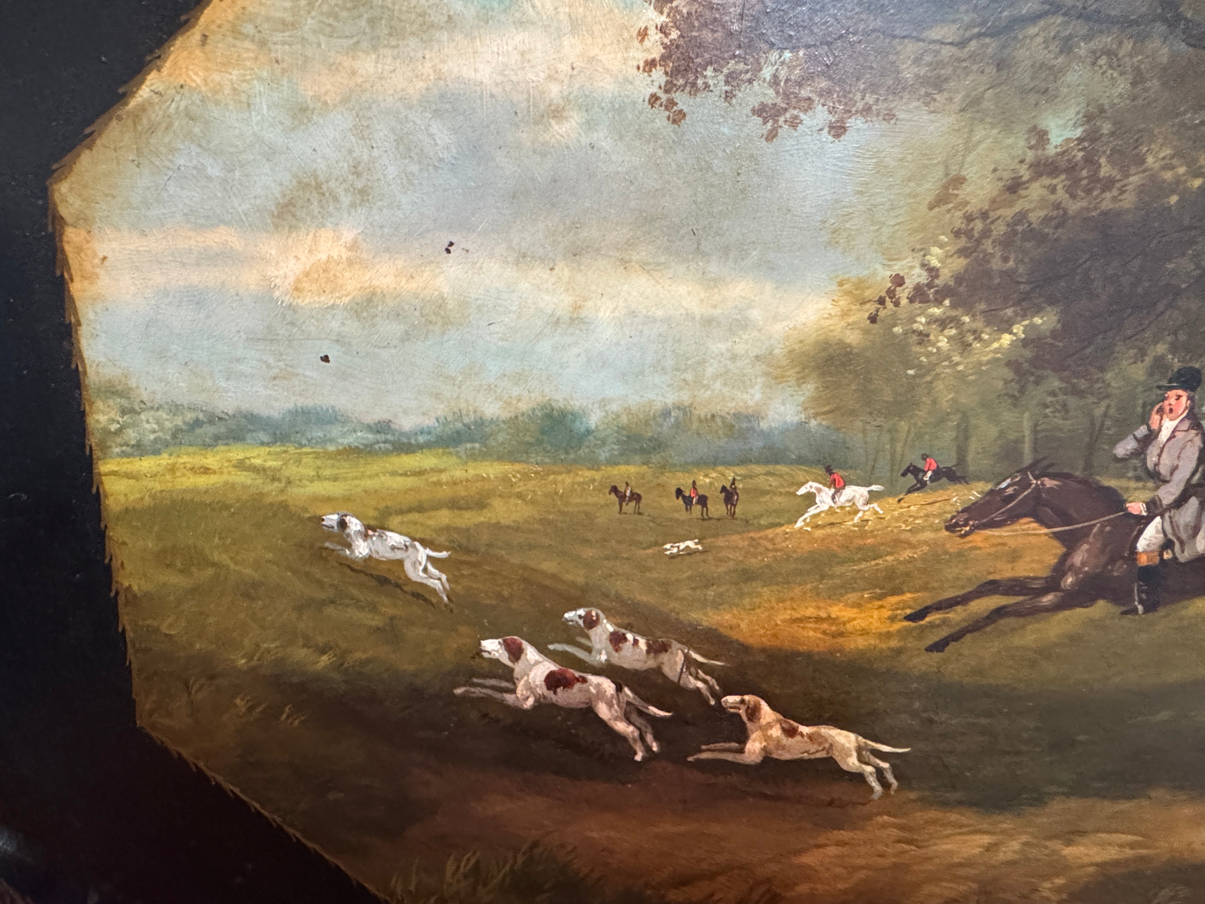 AF1-183: Antique English Tole Tray Table With Hand Painted Fox Hunt Scene Early 19th Century
