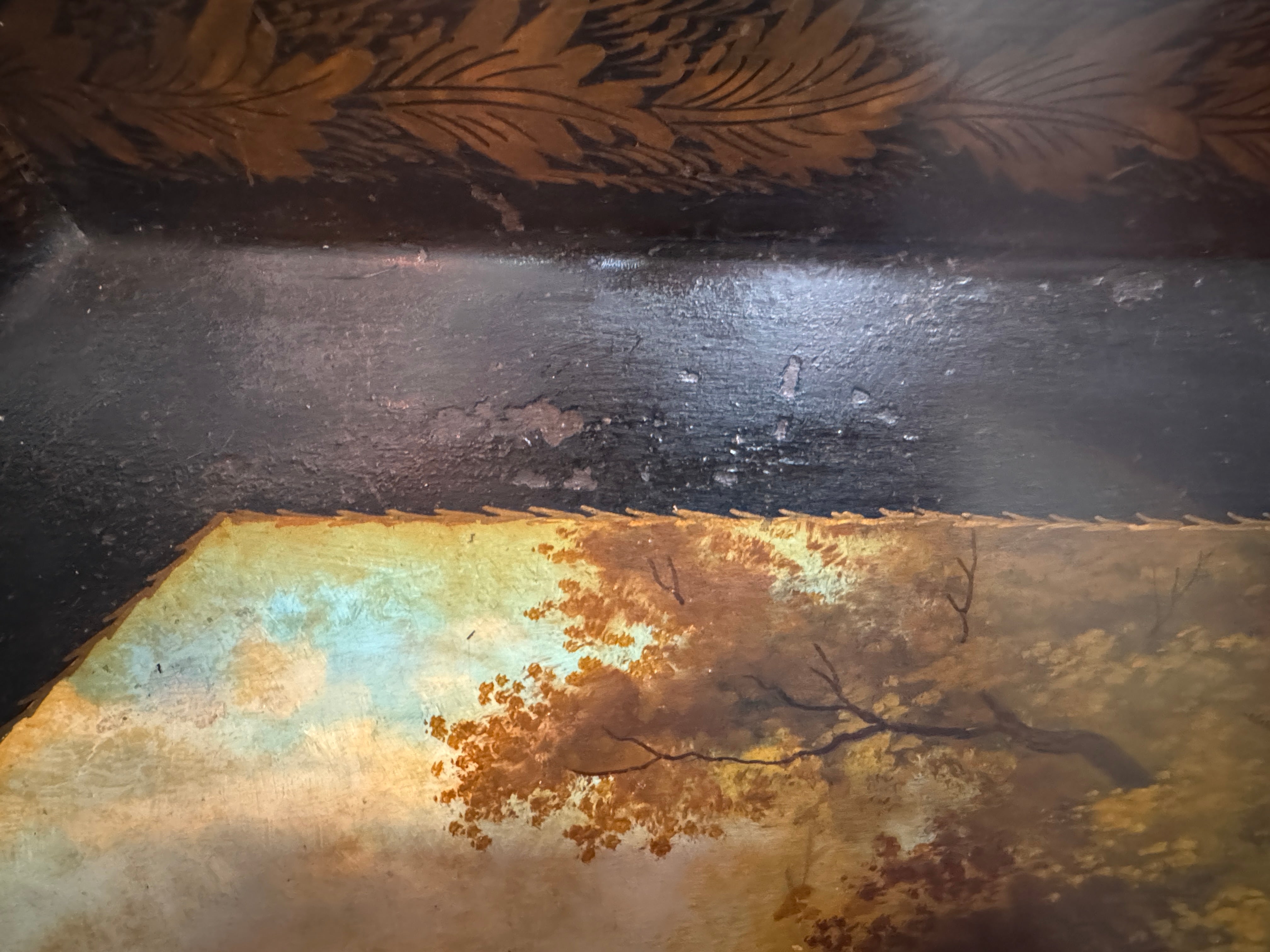 AF1-183: Antique English Tole Tray Table With Hand Painted Fox Hunt Scene Early 19th Century