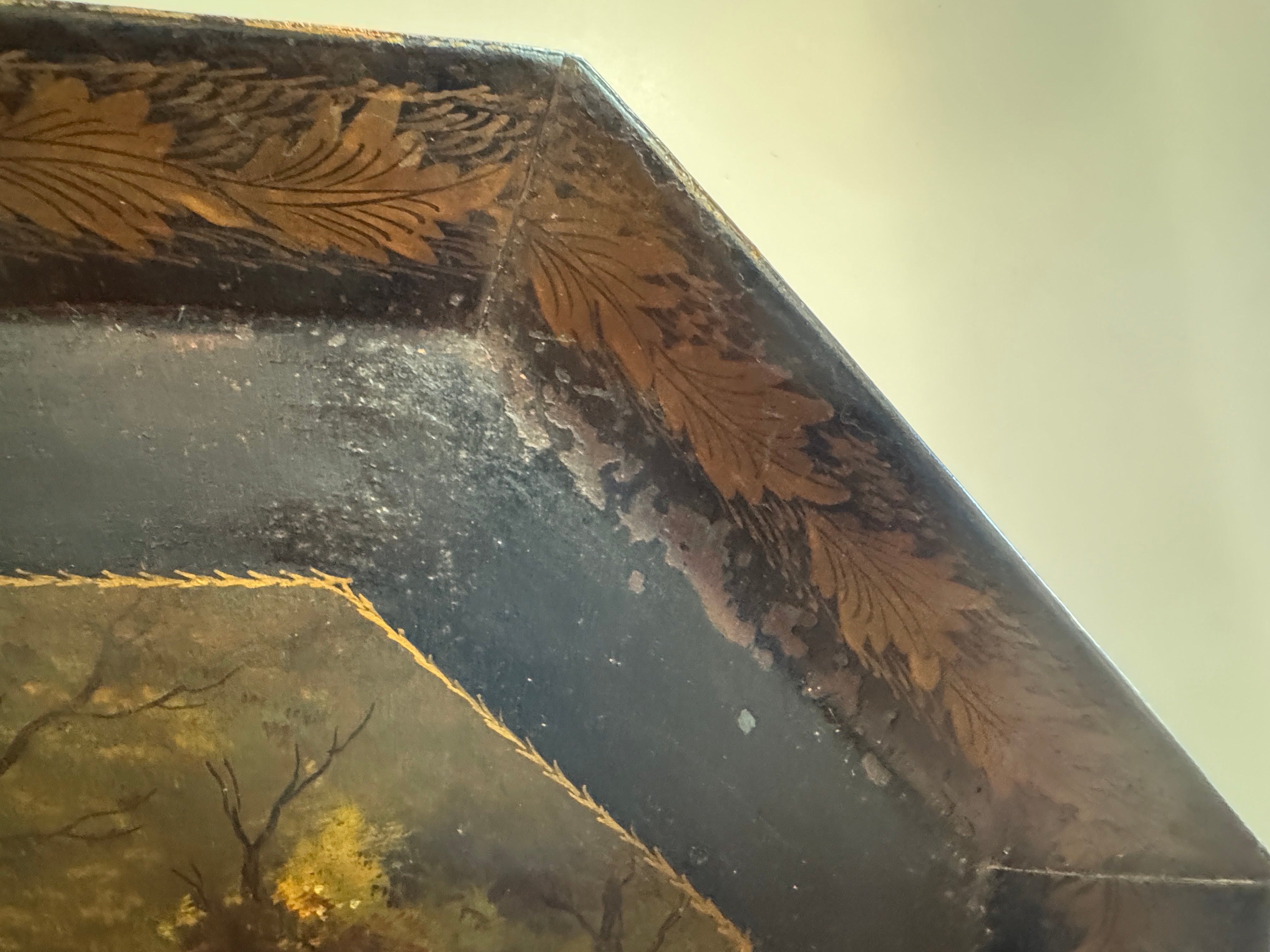 AF1-183: Antique English Tole Tray Table With Hand Painted Fox Hunt Scene Early 19th Century