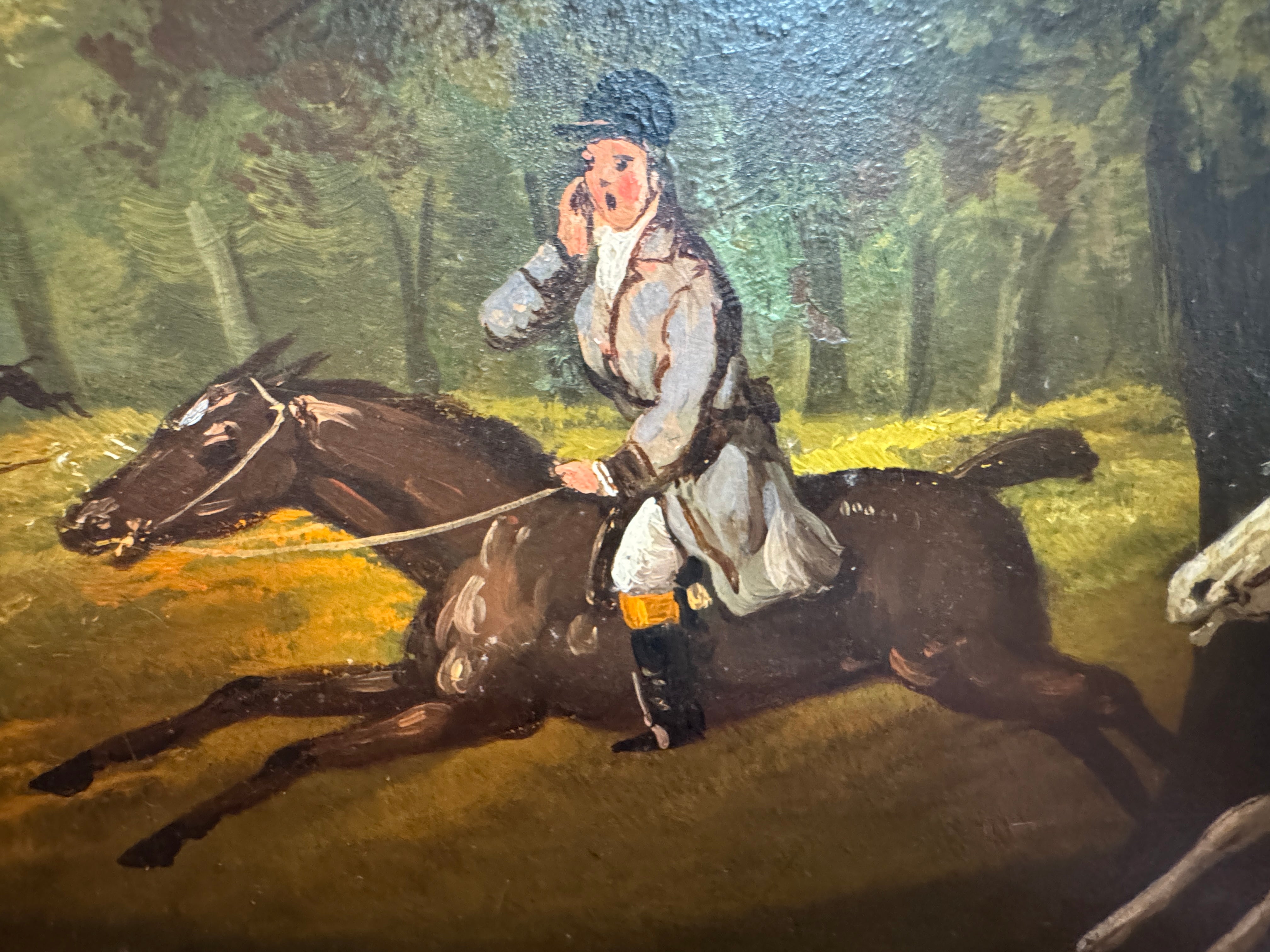 AF1-183: Antique English Tole Tray Table With Hand Painted Fox Hunt Scene Early 19th Century