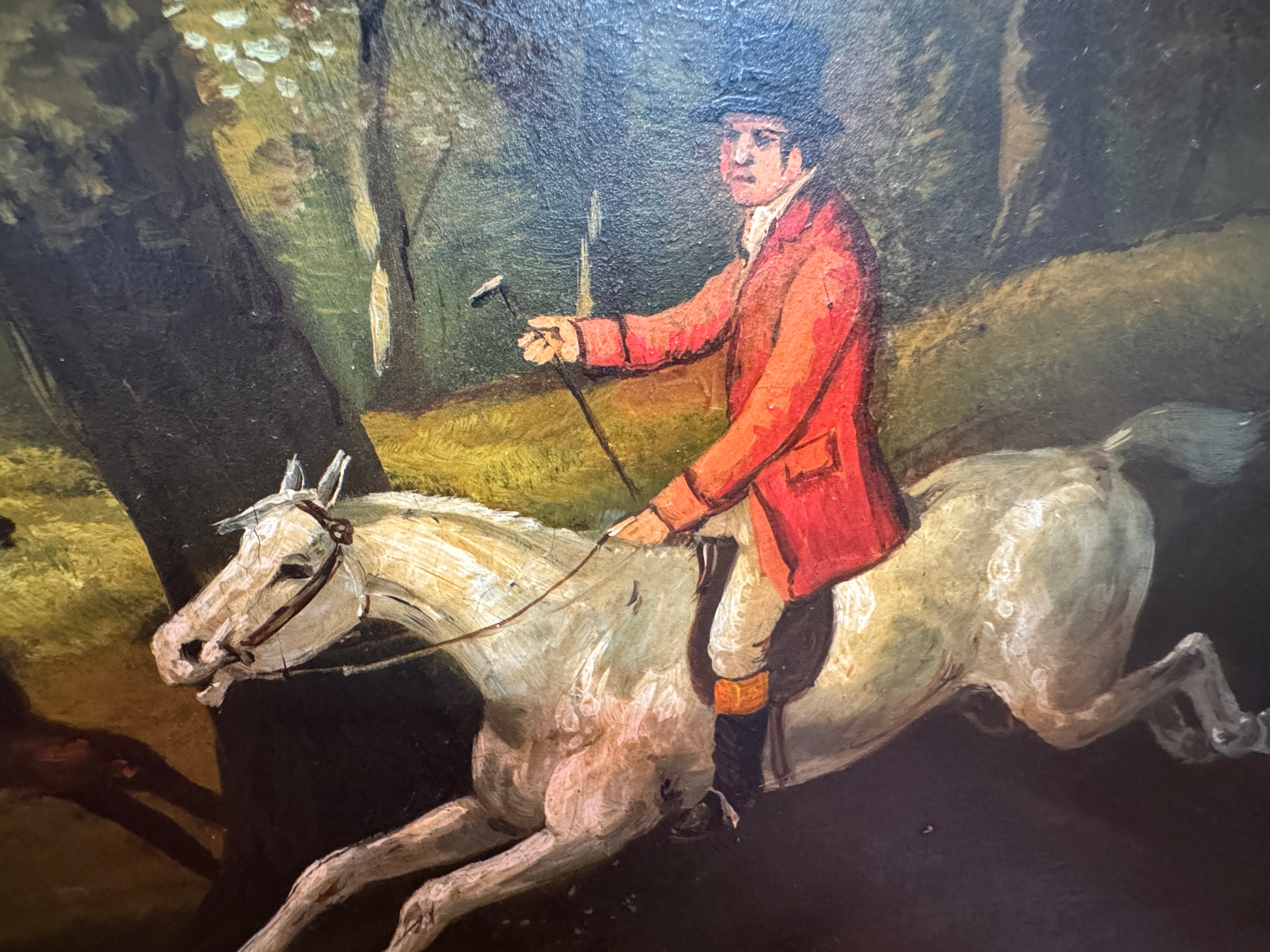 AF1-183: Antique English Tole Tray Table With Hand Painted Fox Hunt Scene Early 19th Century