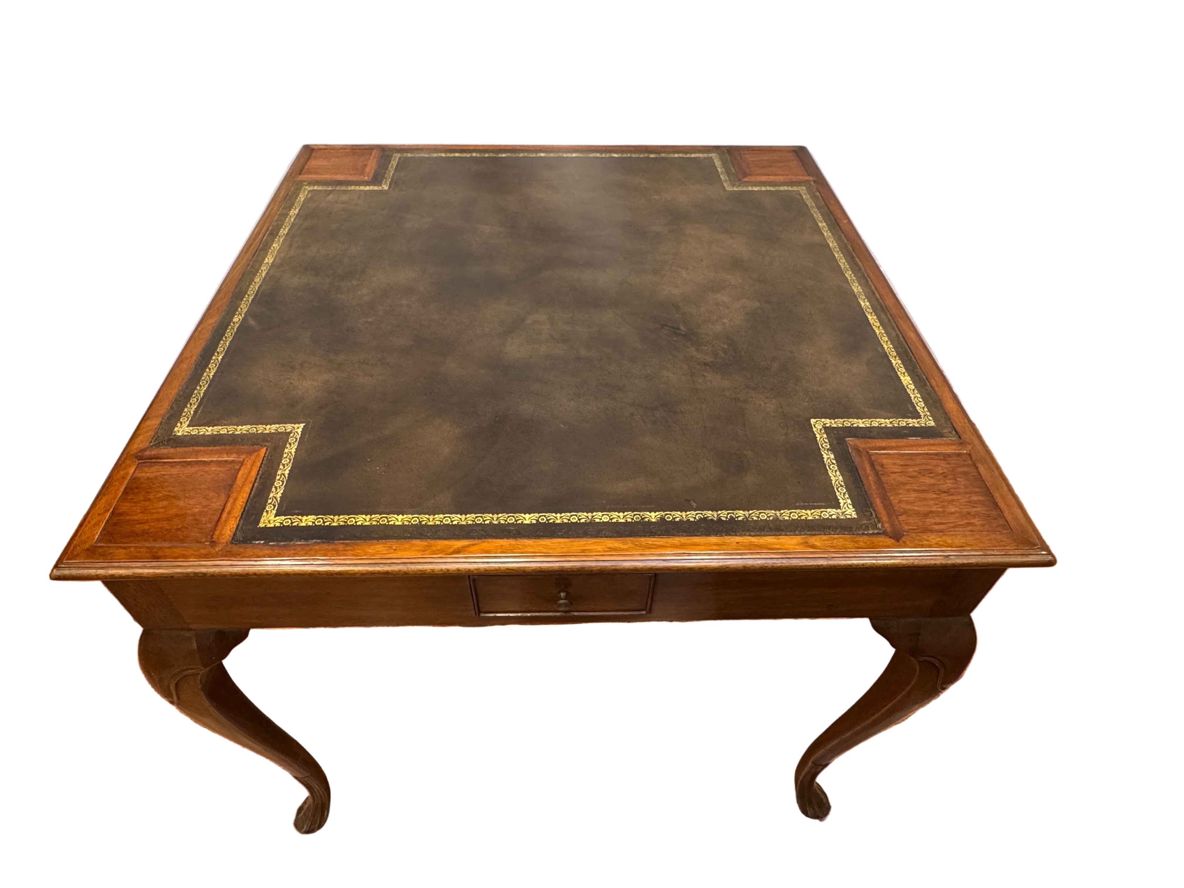 AF1-140: Burton Ching English Georgian Gilt Tooled Leather Top Walnut Games Table Late 20th Century