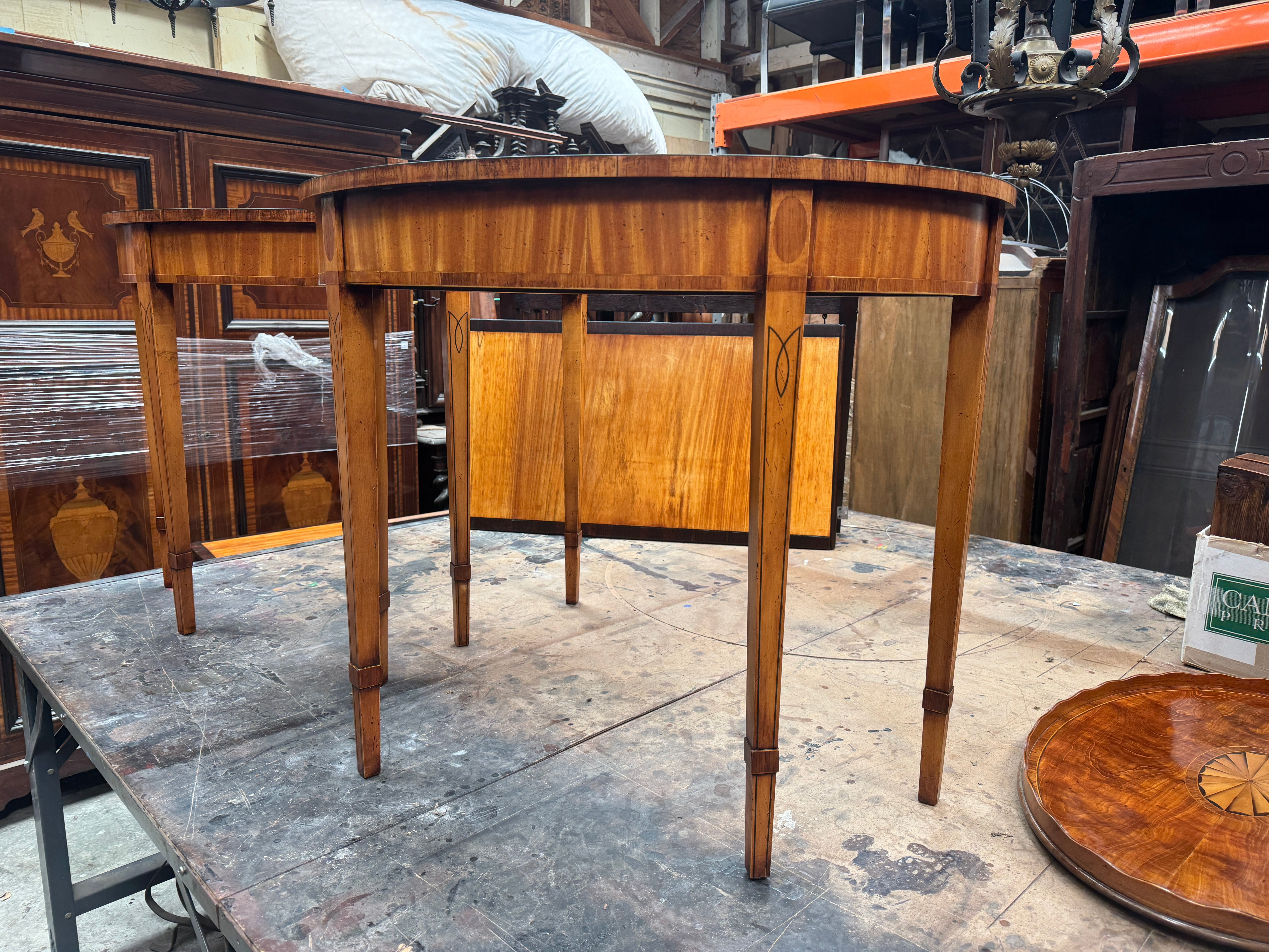 AF1-177: Antique Pair Hepplewhite Inlaid Satinwood Demilune Console Tables Early 20th Century