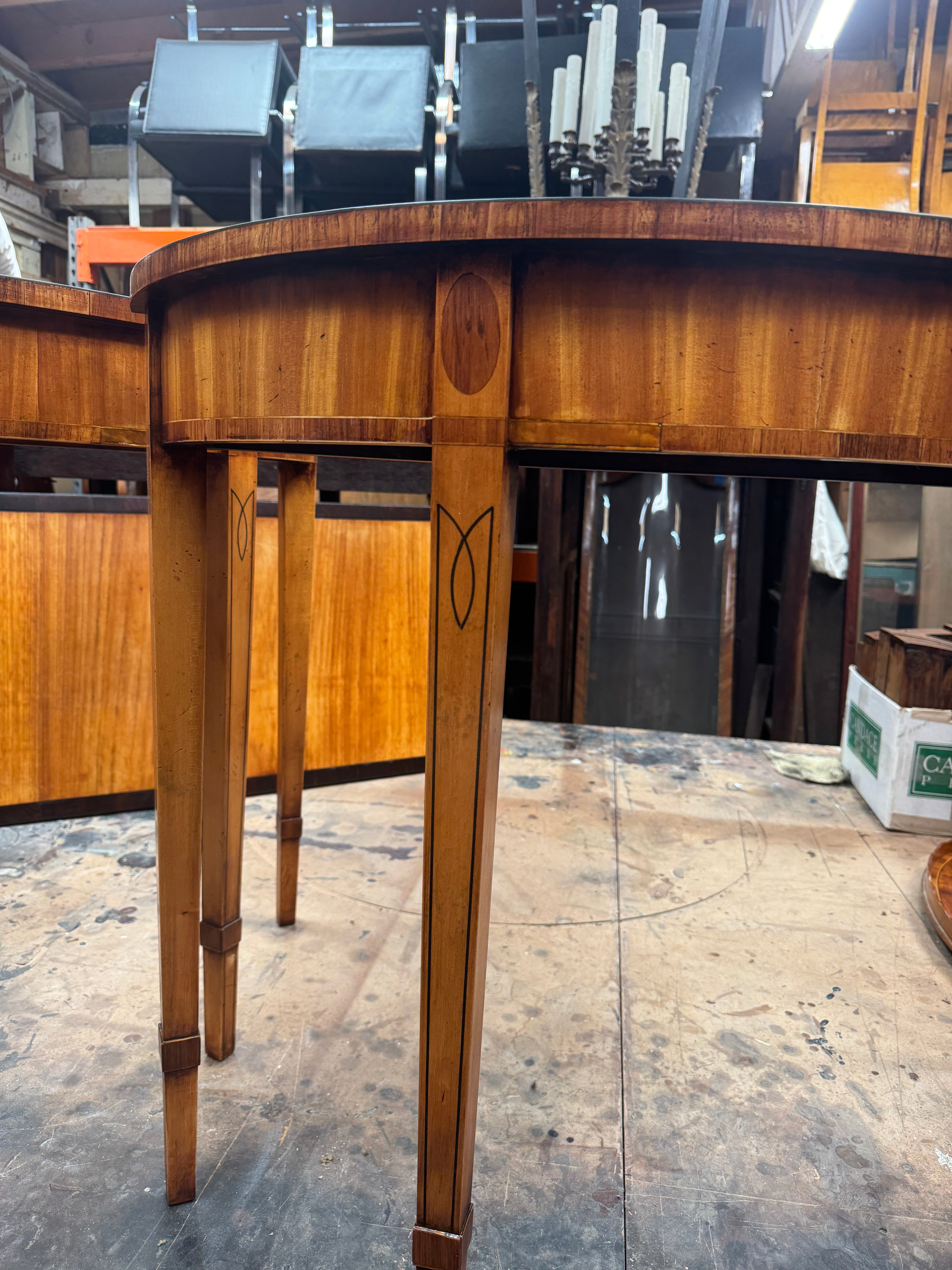 AF1-177: Antique Pair Hepplewhite Inlaid Satinwood Demilune Console Tables Early 20th Century