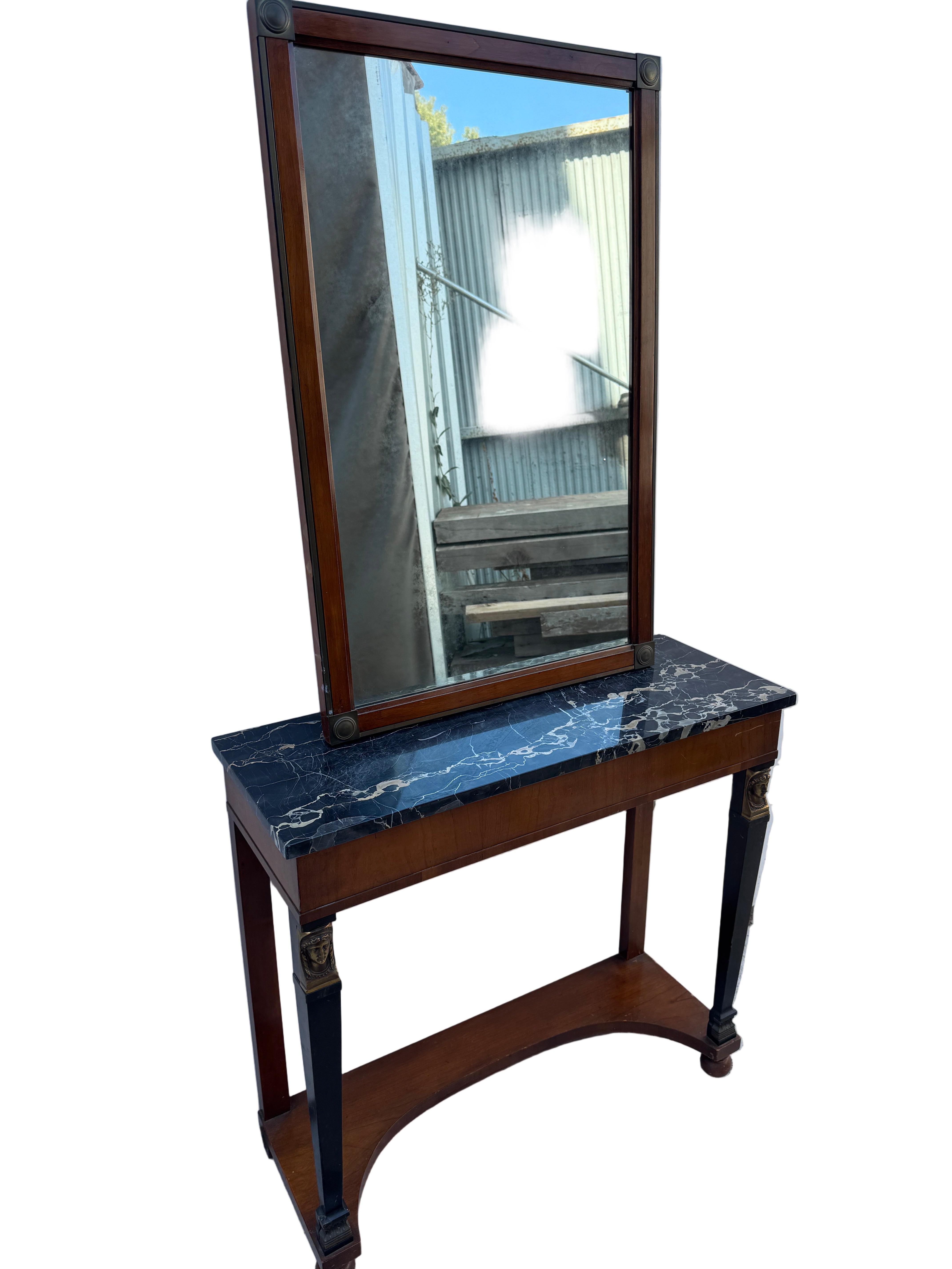 French Empire Style Mid Century Console Table & Mirror With Portoro Marble | Work of Man
