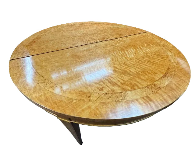 AF1-411: Circa 1930's Birch French Art Deco Moderne With Burl Inlay Round Expandable Dining Table With 2 Leaves