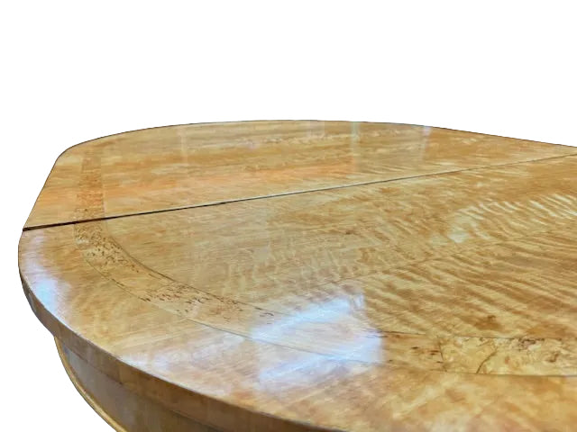 AF1-411: Circa 1930's Birch French Art Deco Moderne With Burl Inlay Round Expandable Dining Table With 2 Leaves