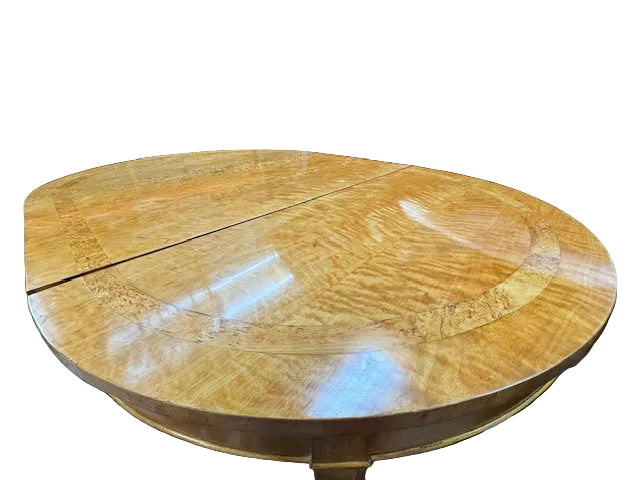 AF1-411: Circa 1930's Birch French Art Deco Moderne With Burl Inlay Round Expandable Dining Table With 2 Leaves