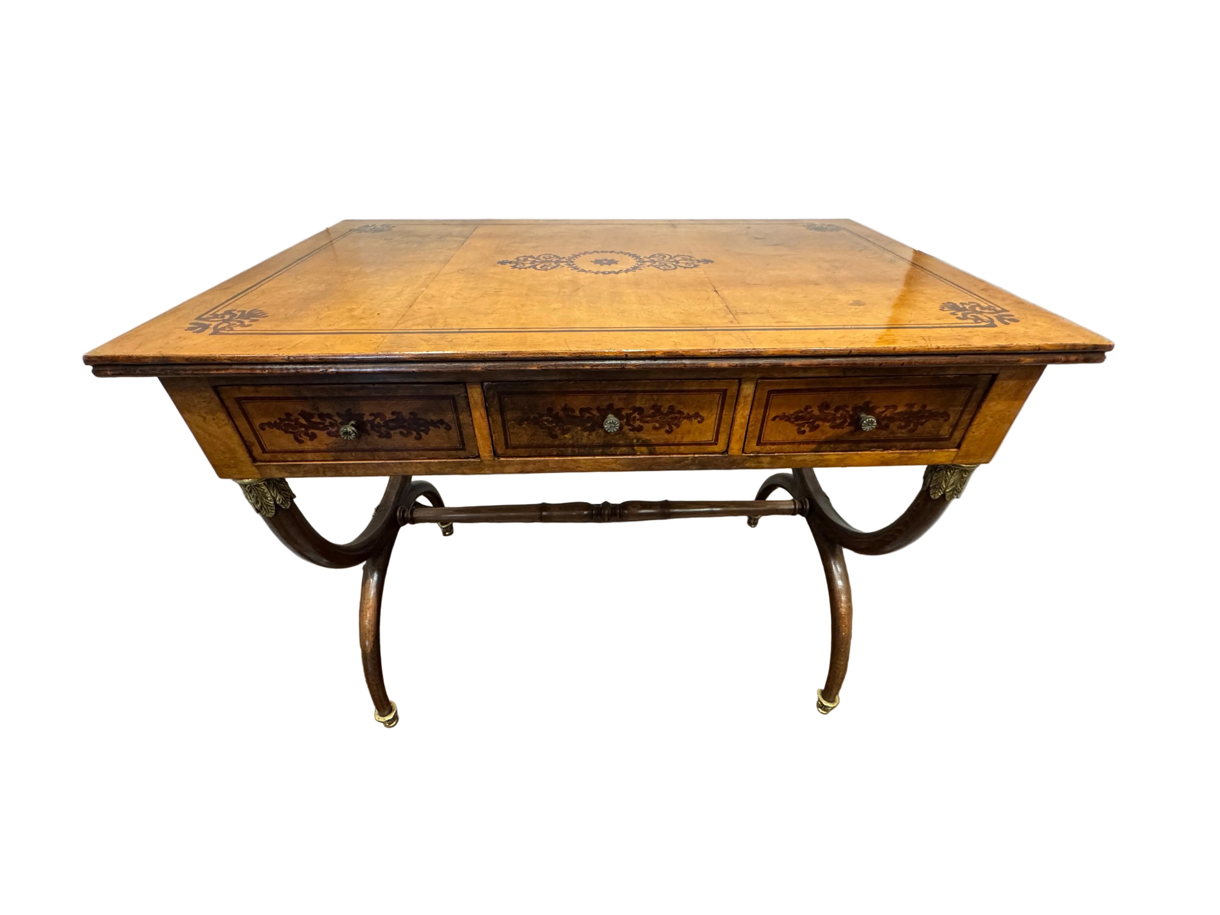 AF5-065: Antique Charles X Paint Decorated Burlwood Writing Table Late 19th Century