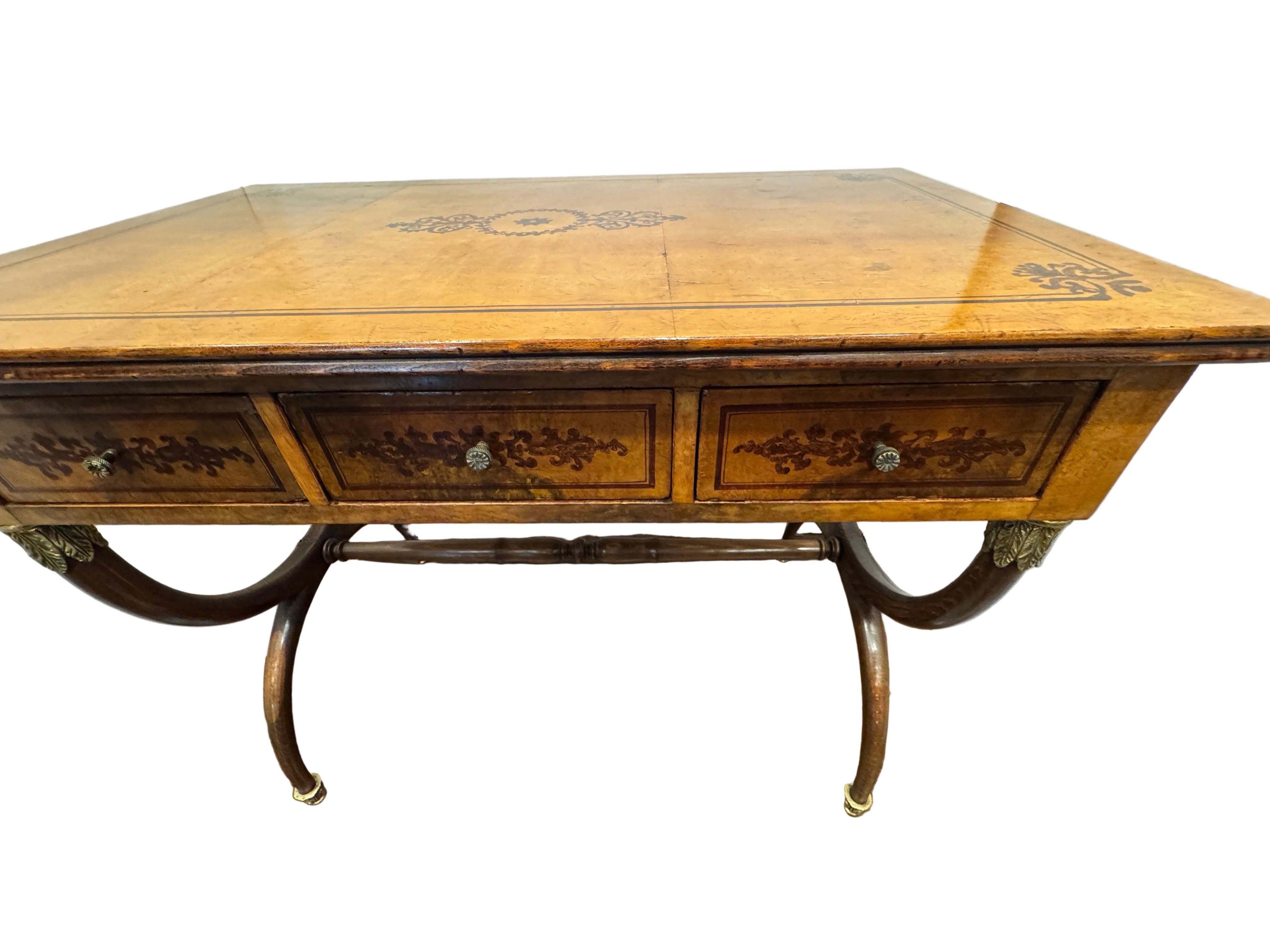 AF5-065: Antique Charles X Paint Decorated Burlwood Writing Table Late 19th Century