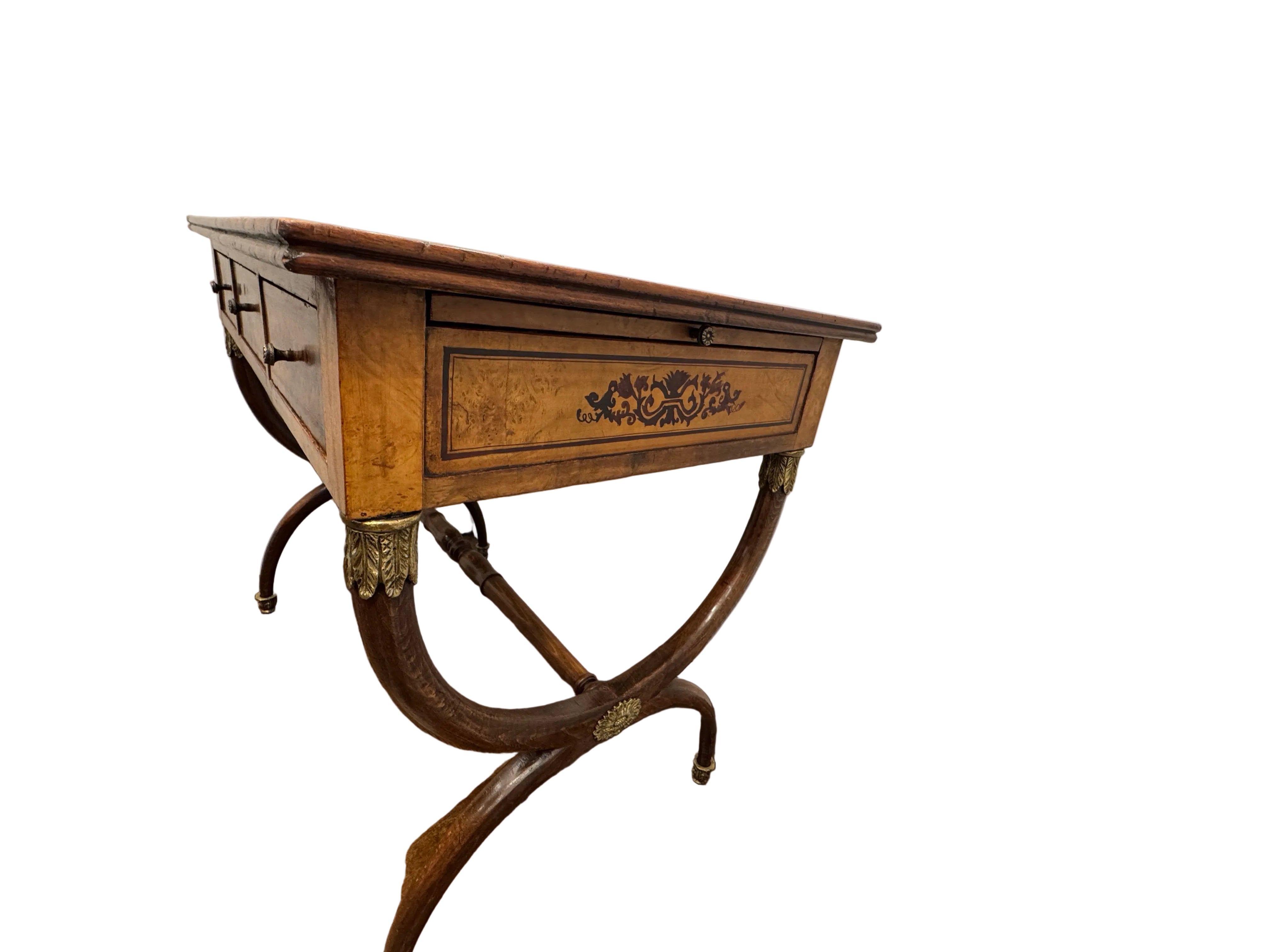 AF5-065: Antique Charles X Paint Decorated Burlwood Writing Table Late 19th Century