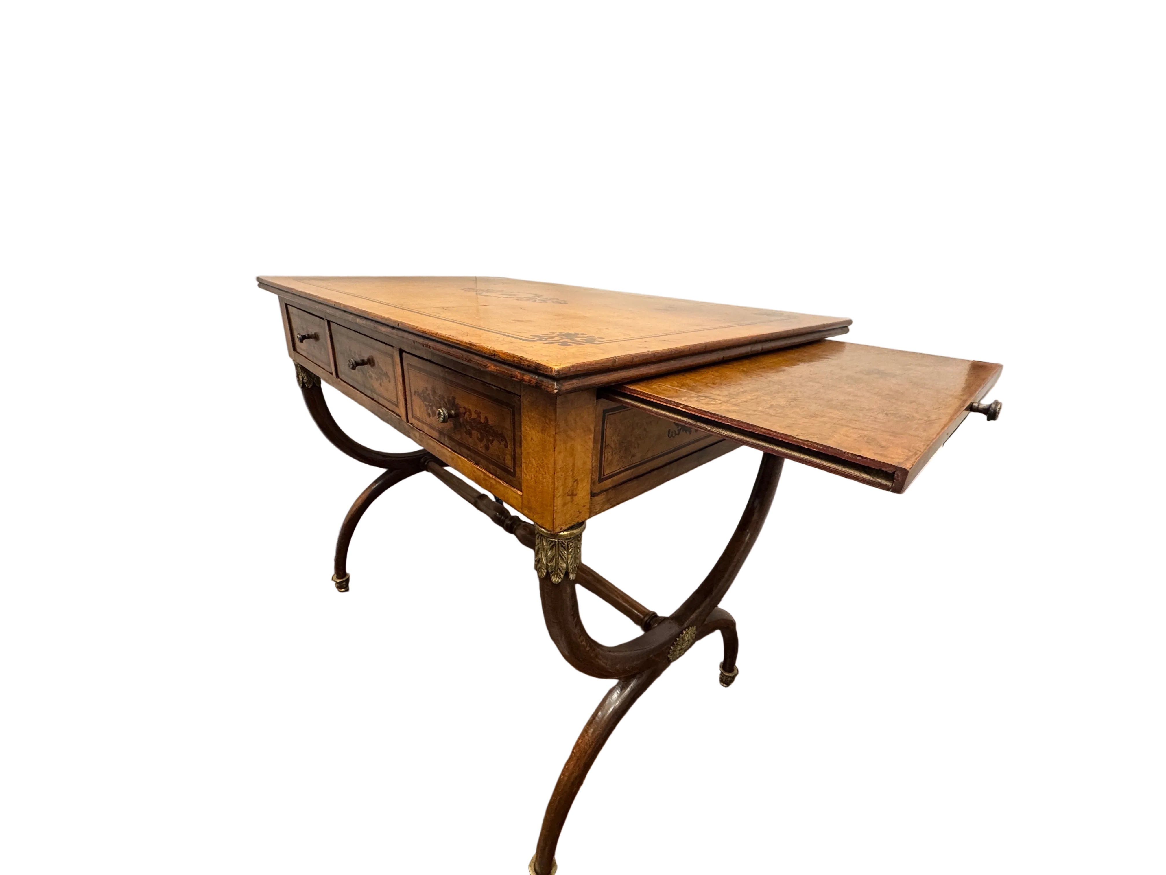 AF5-065: Antique Charles X Paint Decorated Burlwood Writing Table Late 19th Century