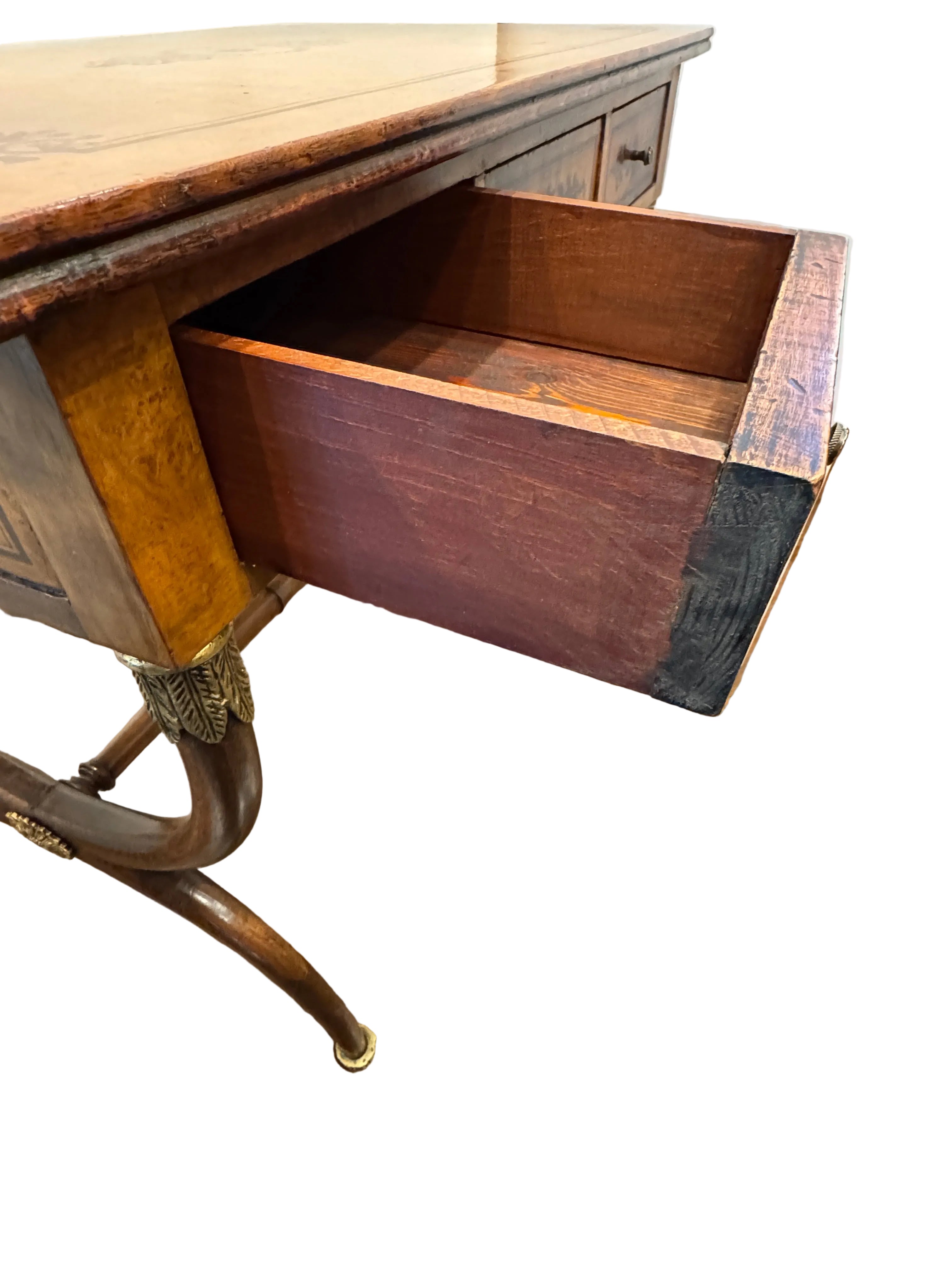 AF5-065: Antique Charles X Paint Decorated Burlwood Writing Table Late 19th Century