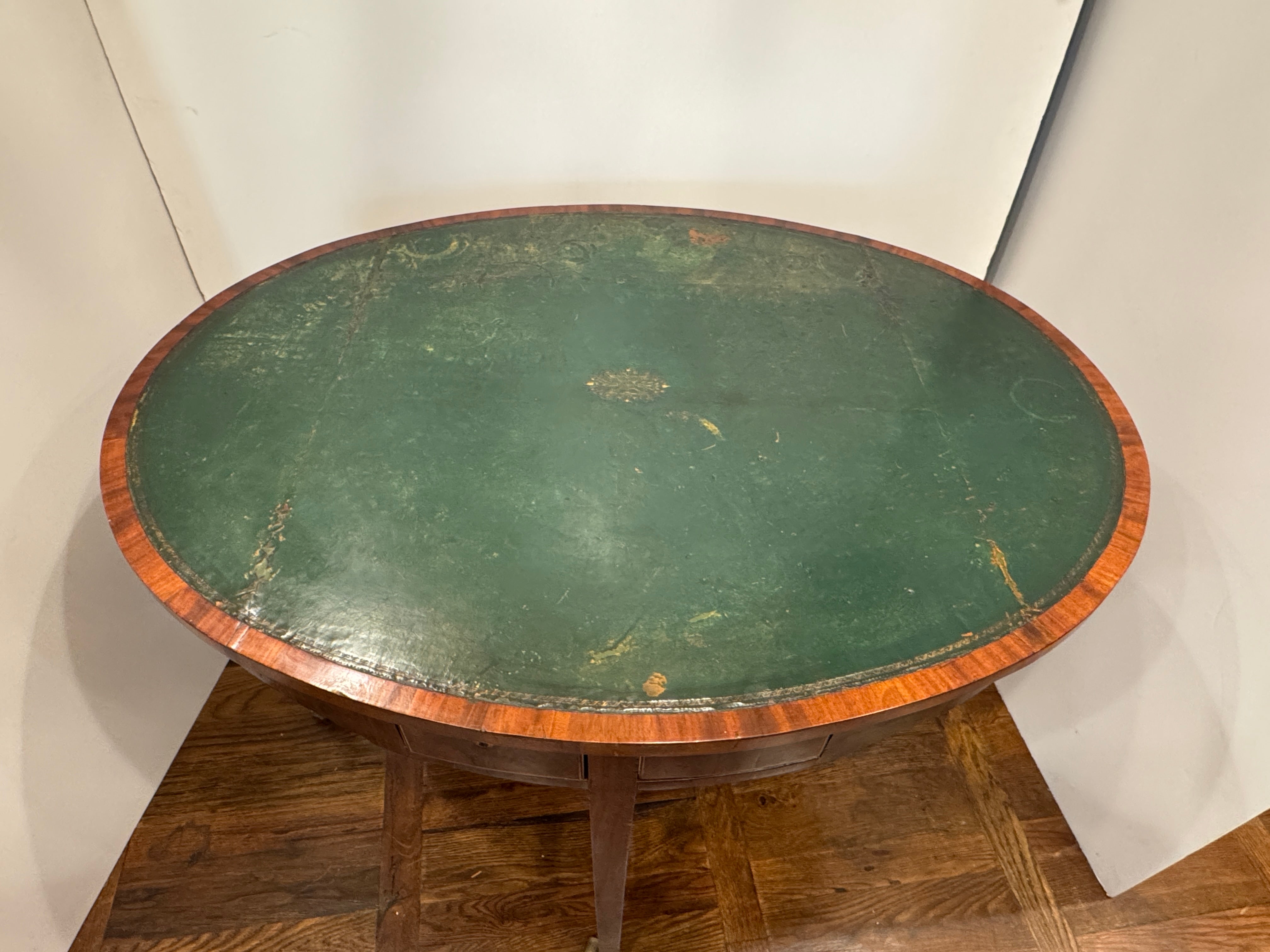 AF1-153: Antique English Mahogany Leather Top Oval Game Table