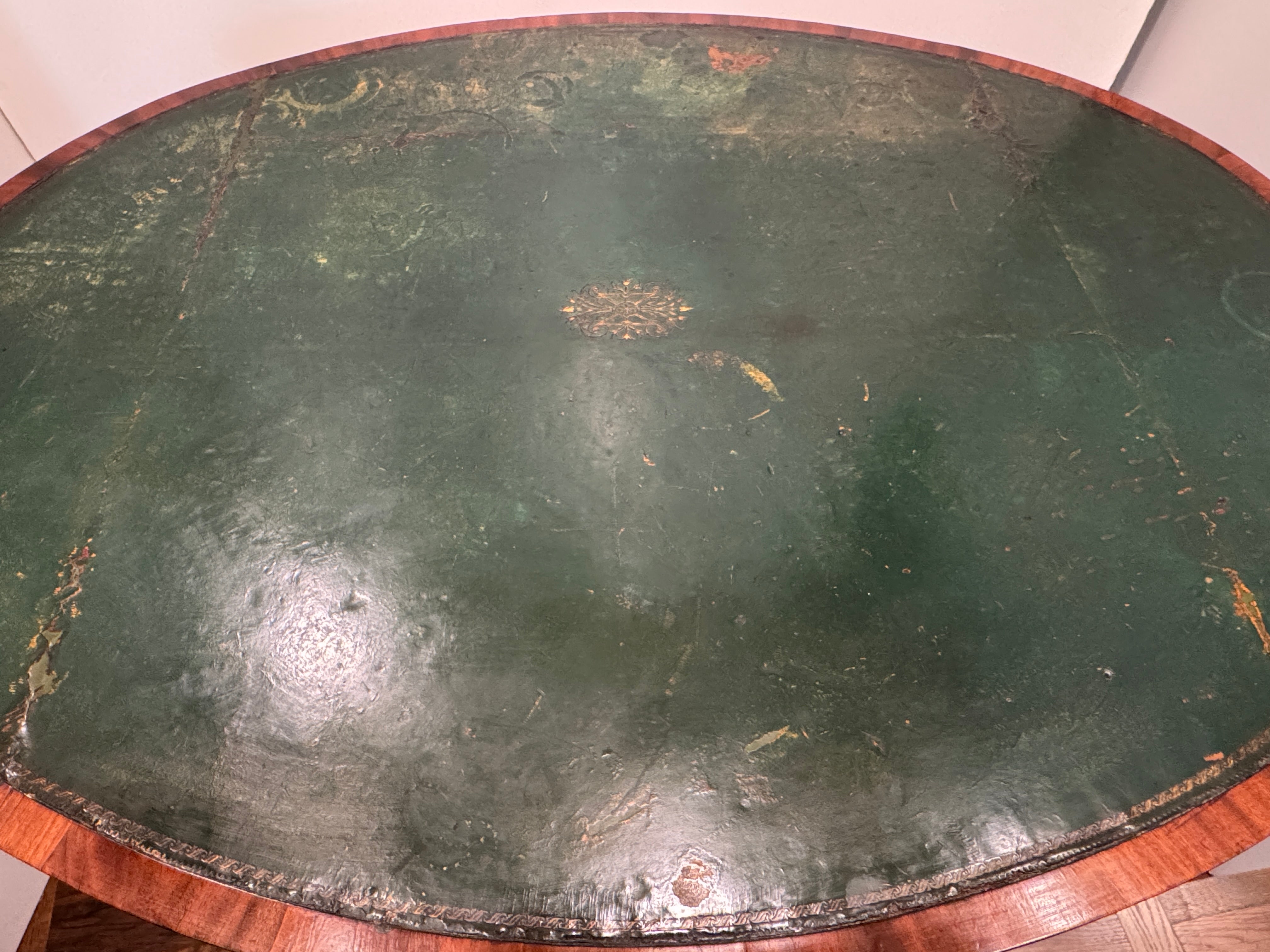 AF1-153: Antique English Mahogany Leather Top Oval Game Table