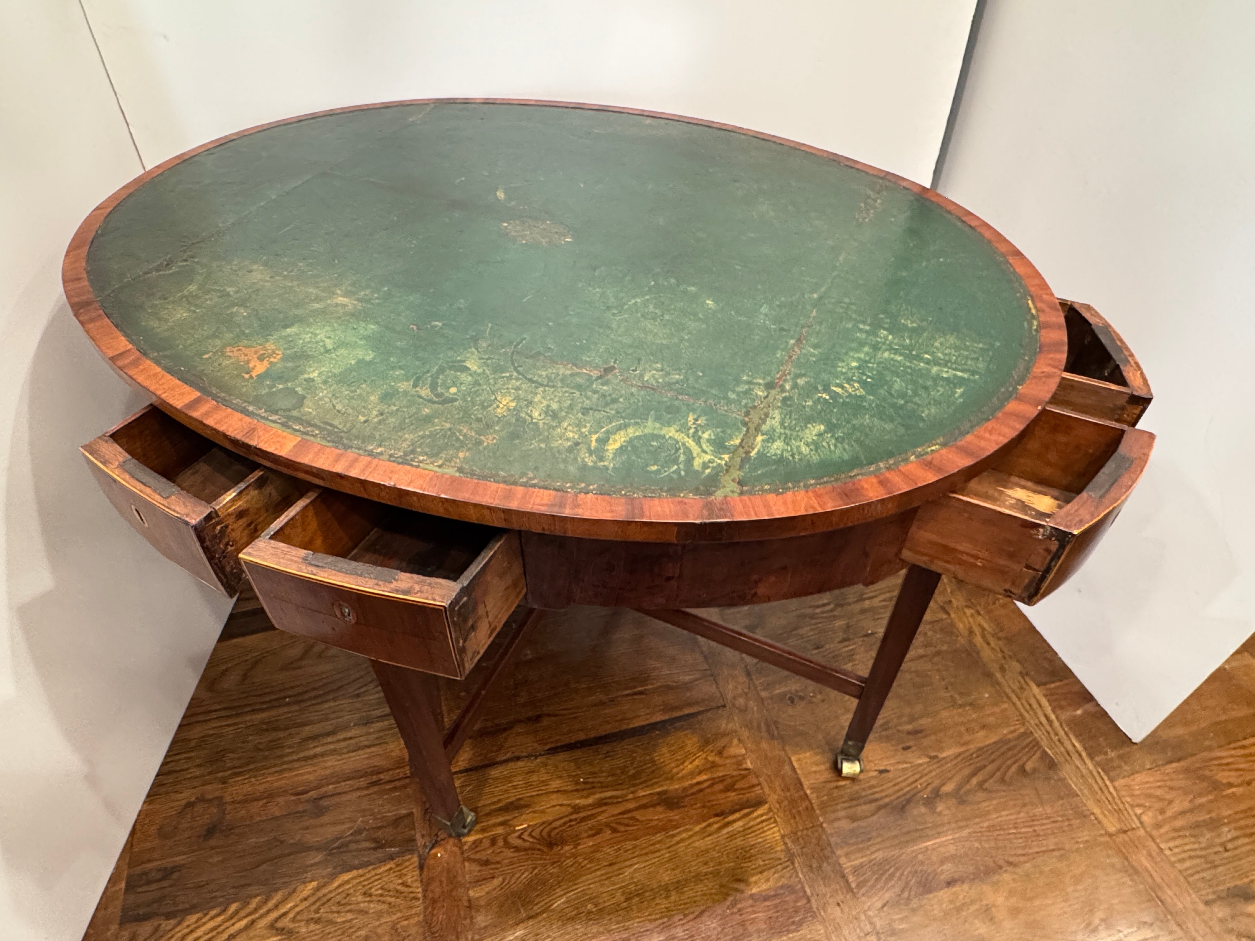 AF1-153: Antique English Mahogany Leather Top Oval Game Table