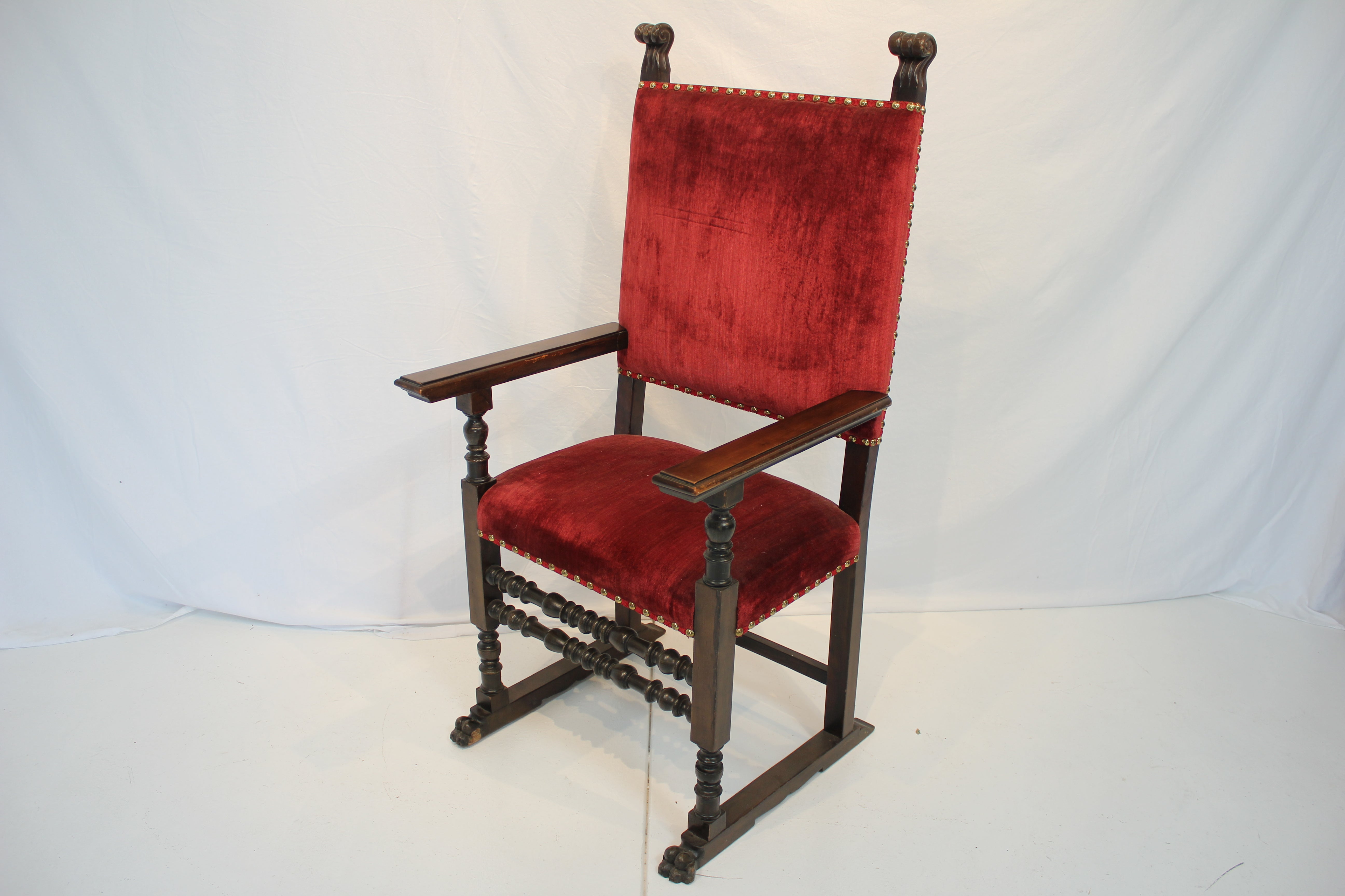 AF2-337: Antique Late 19th Century Henry II Style Walnut Arm Chair with Red Velvet Upholstery