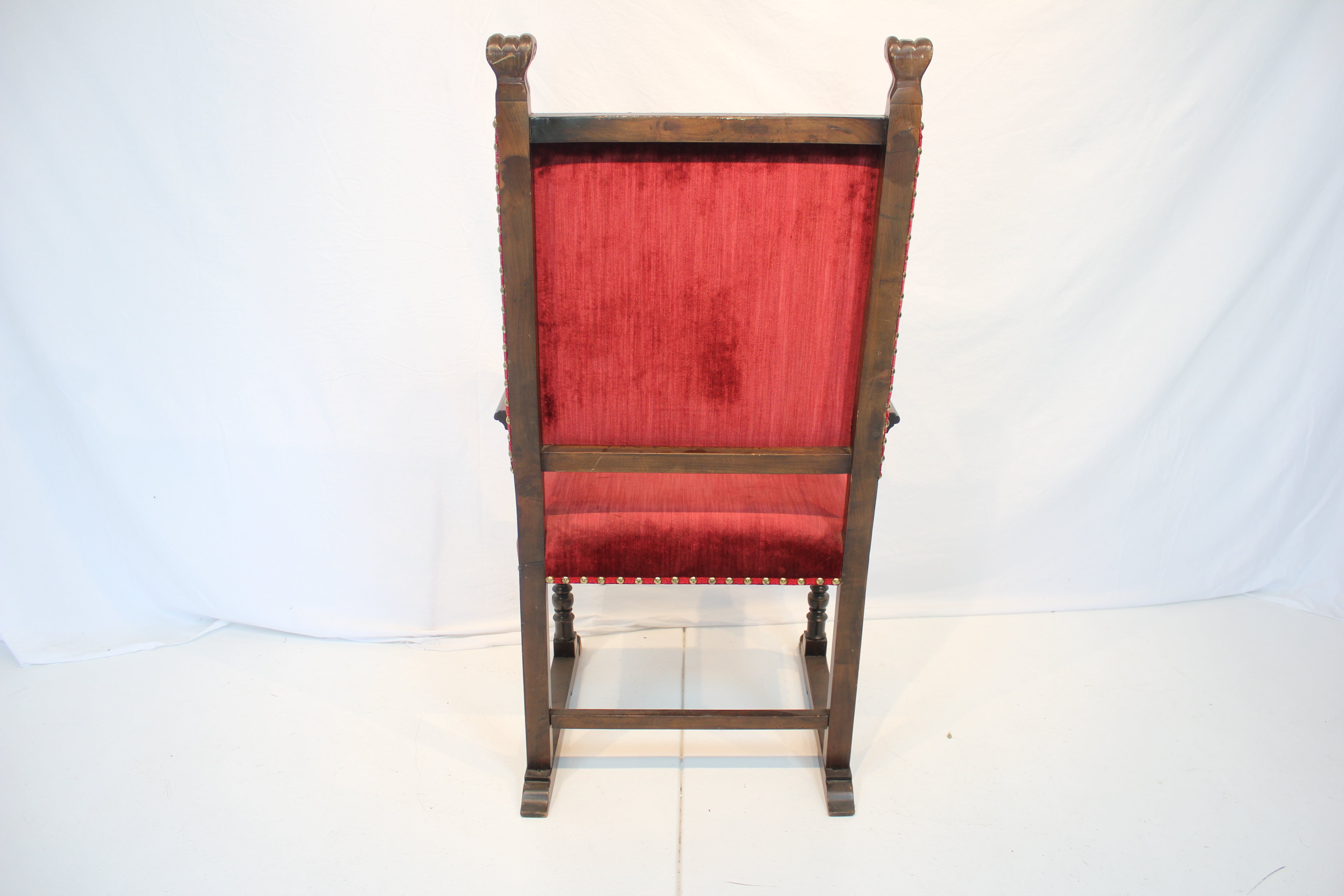 AF2-337: Antique Late 19th Century Henry II Style Walnut Arm Chair with Red Velvet Upholstery