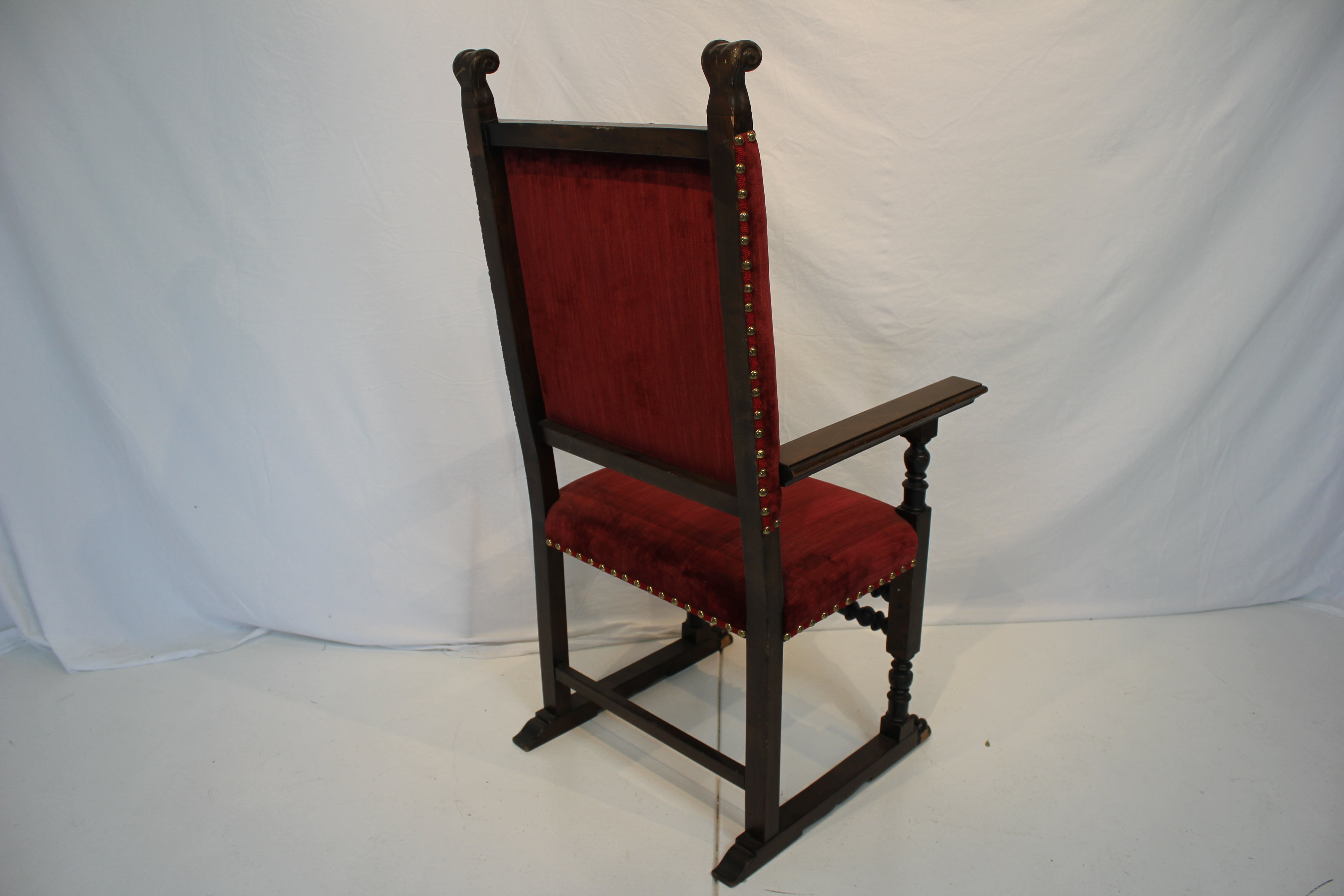 AF2-337: Antique Late 19th Century Henry II Style Walnut Arm Chair with Red Velvet Upholstery