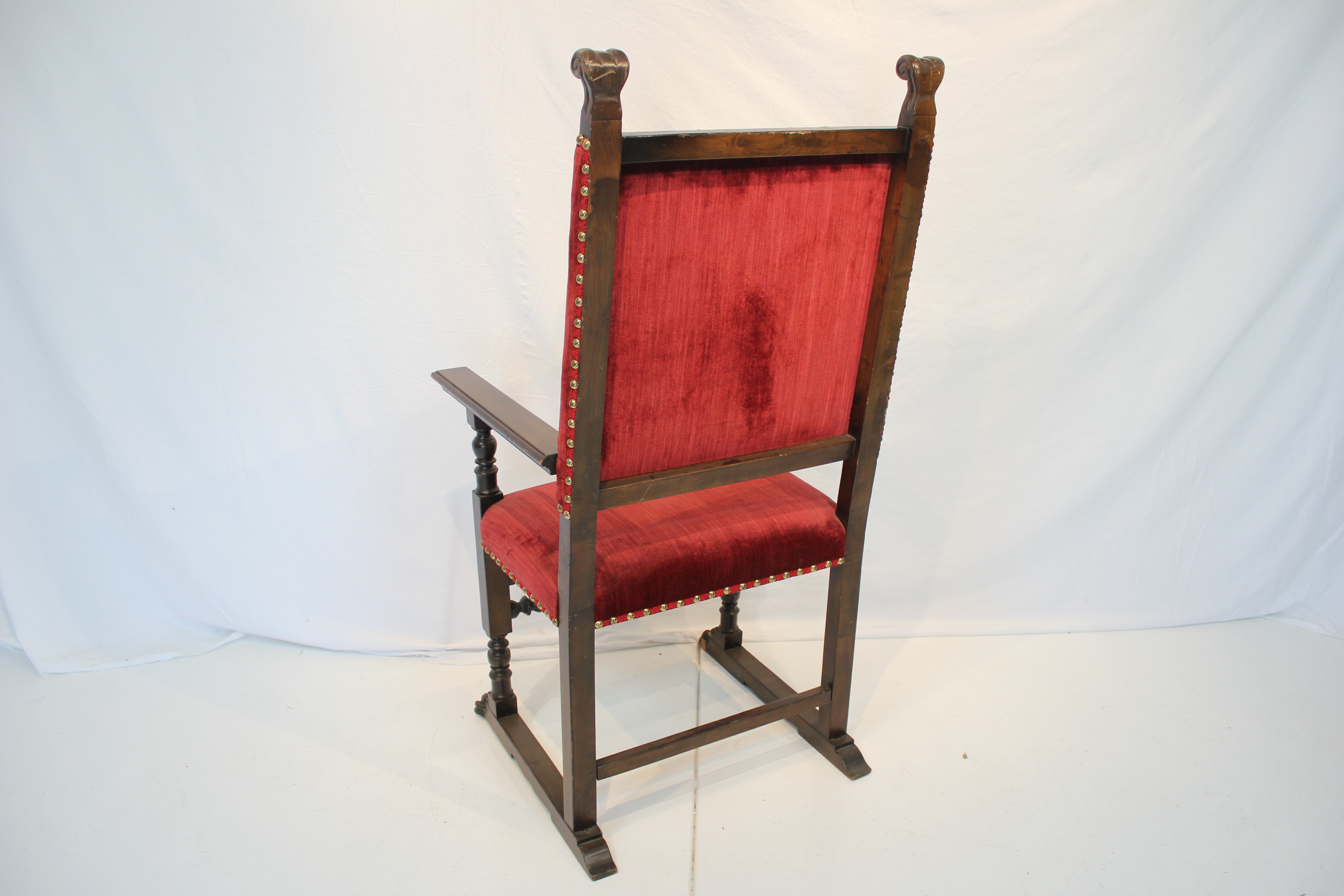 AF2-337: Antique Late 19th Century Henry II Style Walnut Arm Chair with Red Velvet Upholstery