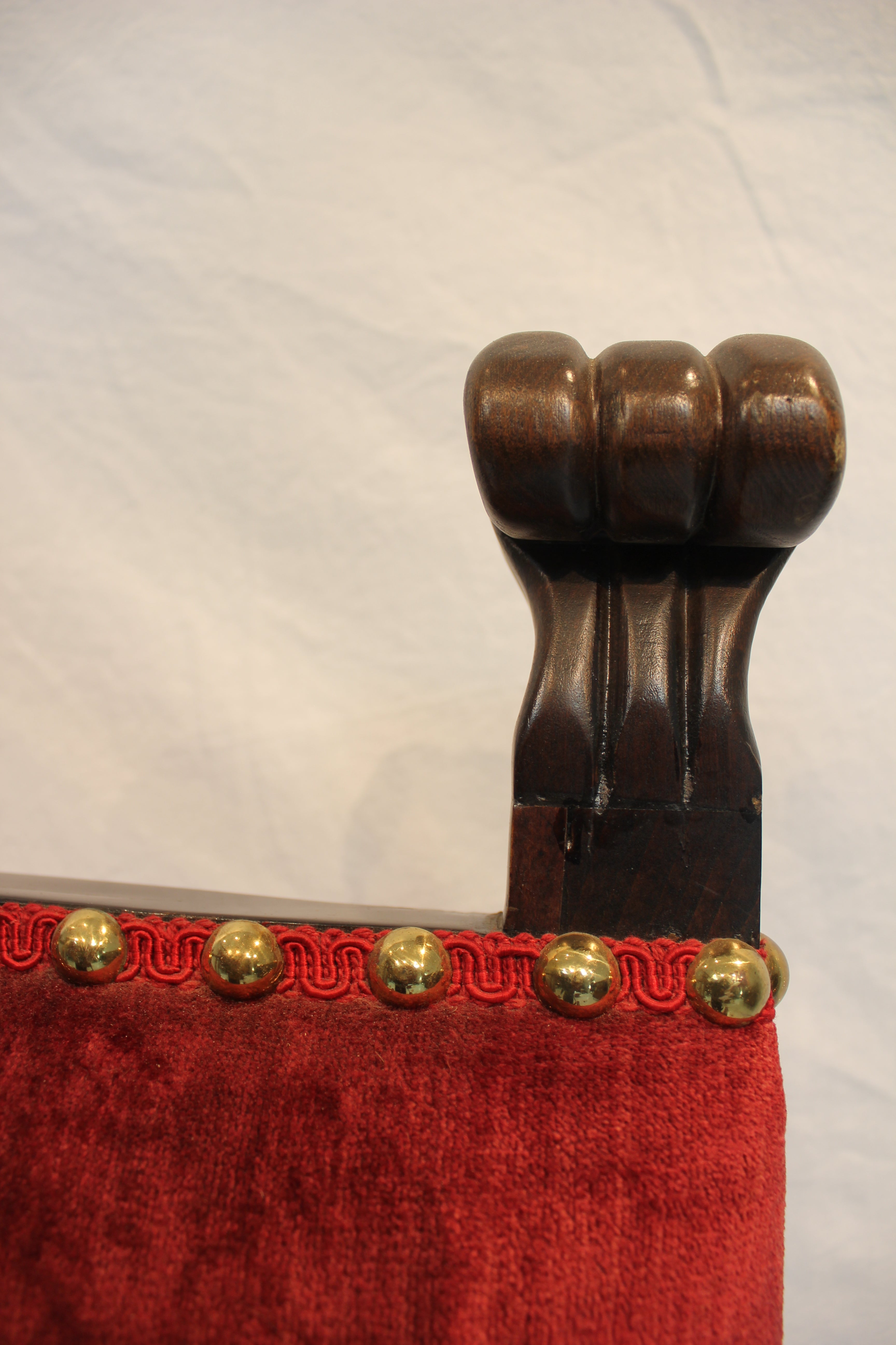 AF2-337: Antique Late 19th Century Henry II Style Walnut Arm Chair with Red Velvet Upholstery