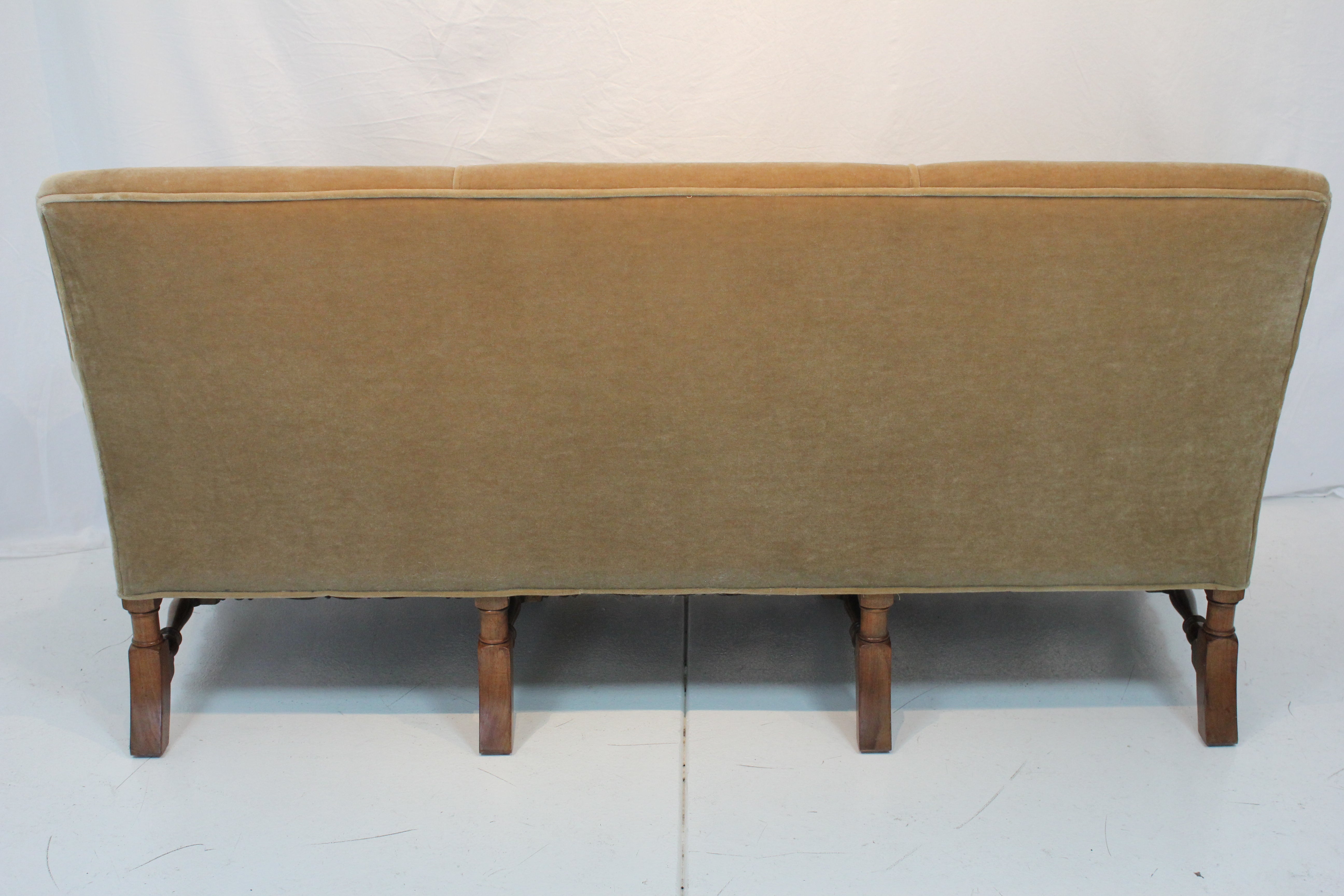 AF2-125: Antique Pair of Early 20th Century Charles II Style Carved Walnut Sofas w/ Mohair Upholstery