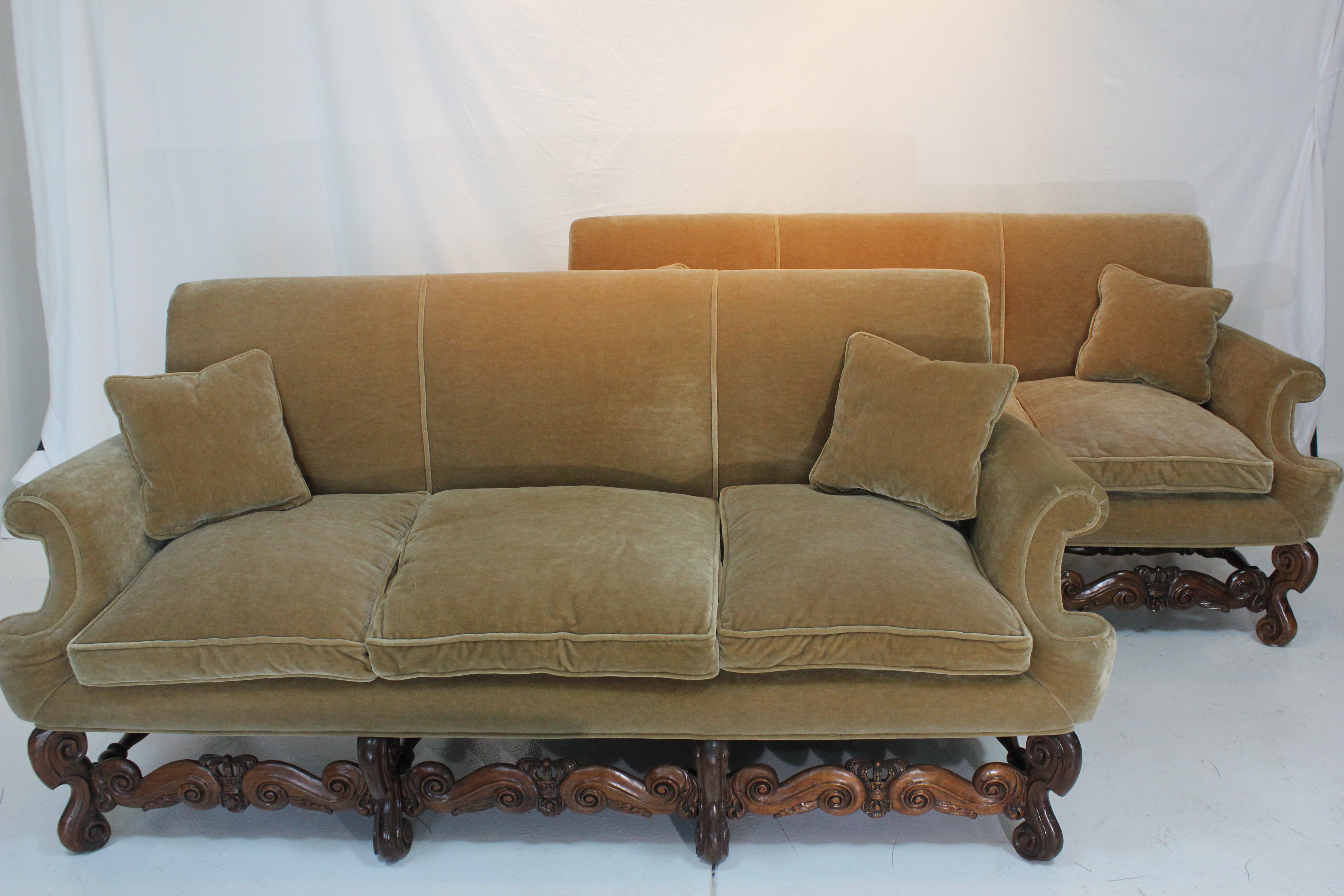 AF2-125: Antique Pair of Early 20th Century Charles II Style Carved Walnut Sofas w/ Mohair Upholstery